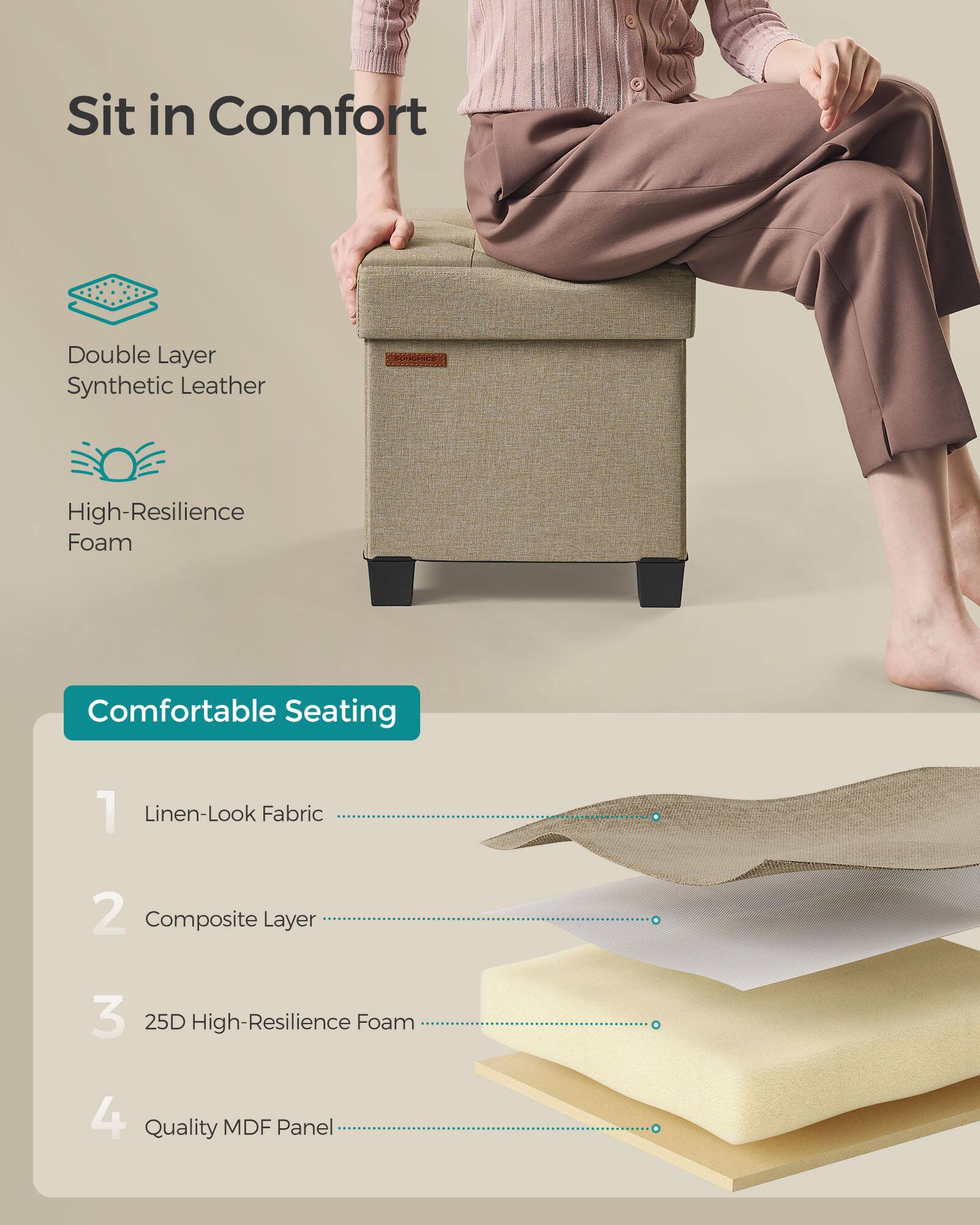 Sit in Comfort

Double Layer Synthetic Leather
High-Resilience Foam

Comfortable Seating

1. Linen-Look Fabric
2. Composite Layer
3. 25D High-Resilience Foam
4. Quality MDF Panel