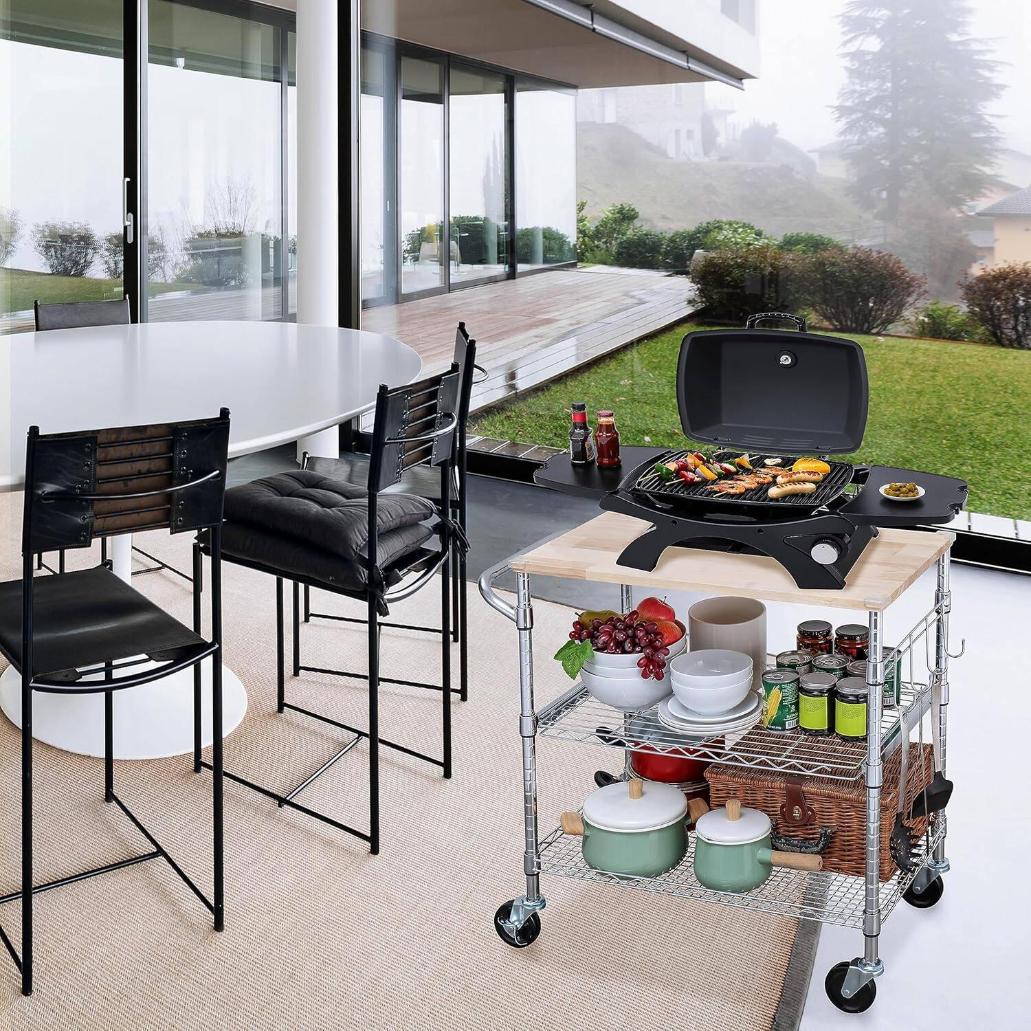 Alt View 5. Finnhomy - Finnhomy 3-Tier Rolling Kitchen Cart – 18" D x 30" W Oak Wood Top with Slider Shelf & Wheels, Chrome - Chrome.