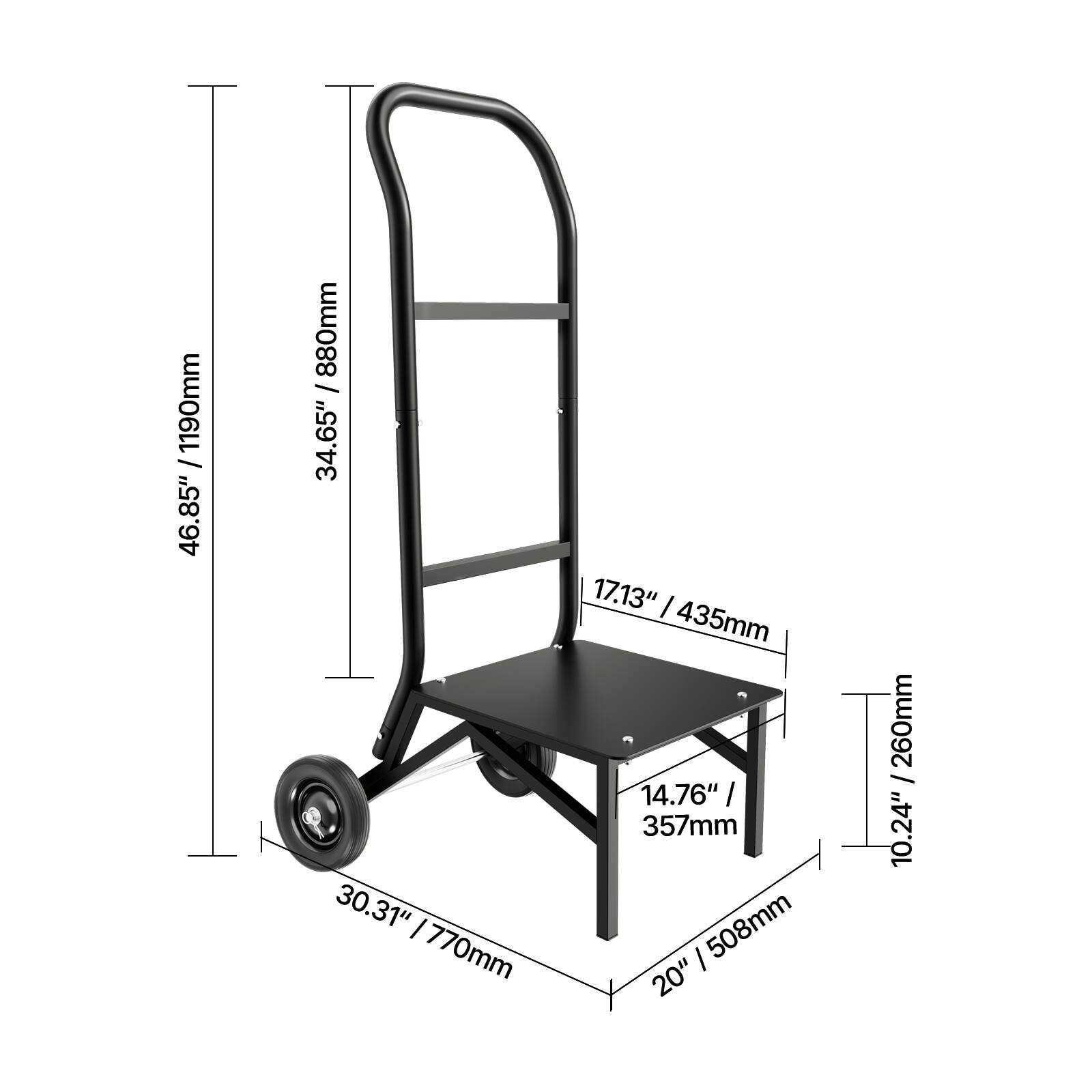 46.85" / 1190mm, 34.65" / 880mm, 30.31" / 770mm, 17.13" / 435mm, 14.76" / 357mm, 20" / 508mm, 10.24" / 260mm