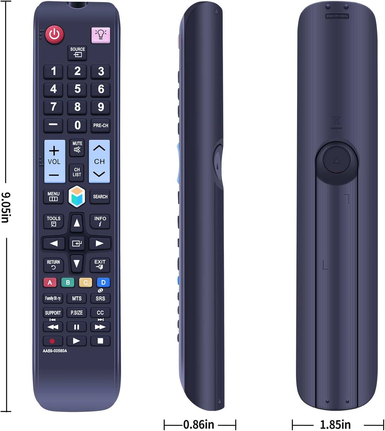 F1 SOURCE 1 2 3 4 5 6 7 8 9 - 0 PRE-CH 9.05in + VOL MENU 0 TOOLS MUTE CH LIST CH SEARCH INFO RETURN EXIT A B C D FamilyStry MTS SRS SUPPORT P.SIZE CC AA59-00580A 0.86in 1.85in |