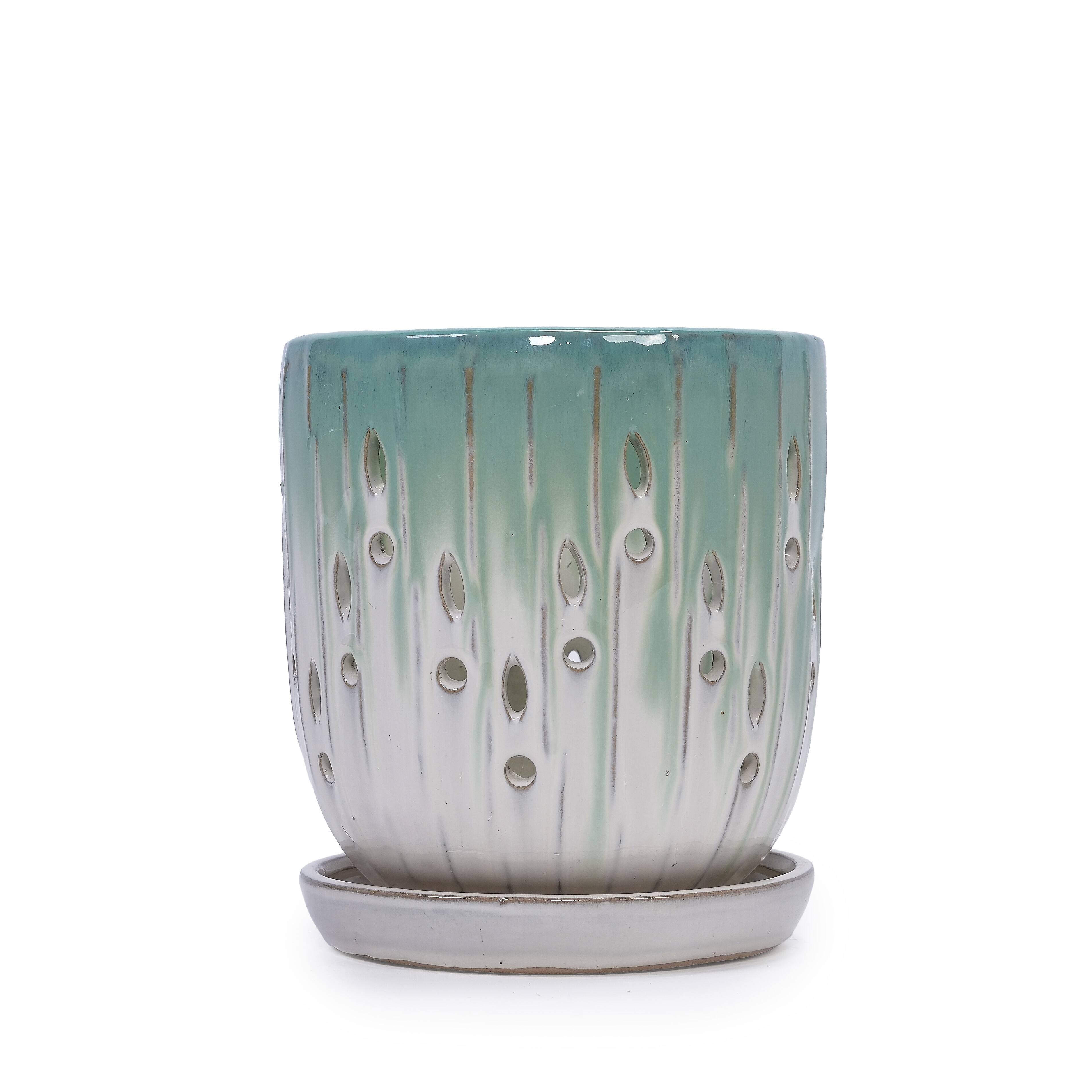 Alt View 5. Loheer - Ceramic Planter Set Loheer Handmade Green White Pots with Drainage Saucers for Orchids Succulents Indoor Outdoor.