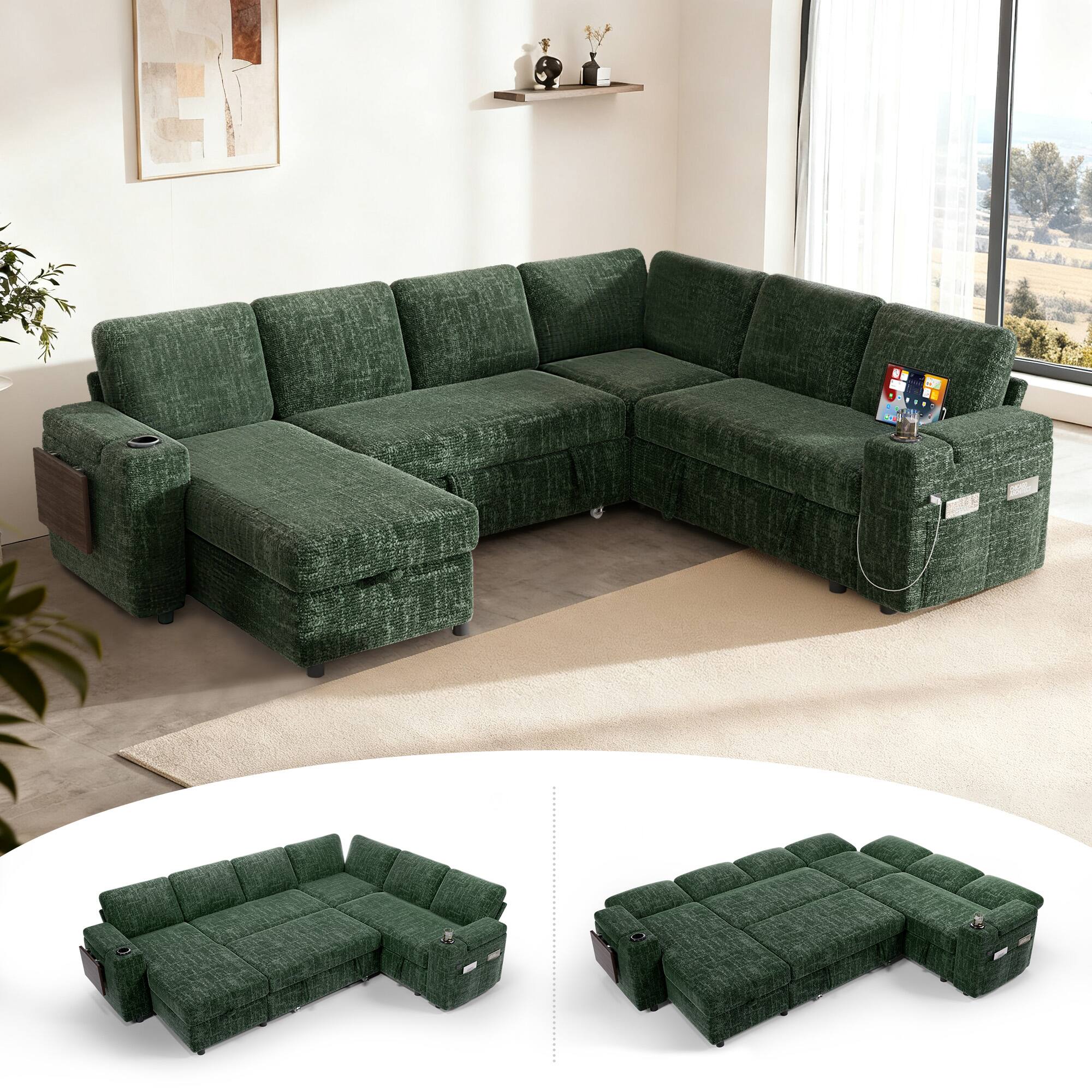 Angle. Vipbear - Vipbear 110" Modular Sectional Sleeper Sofa with Pull Out Bed, 7 Seat L Shaped with Reclining Backrest,Chenille Green - Green.