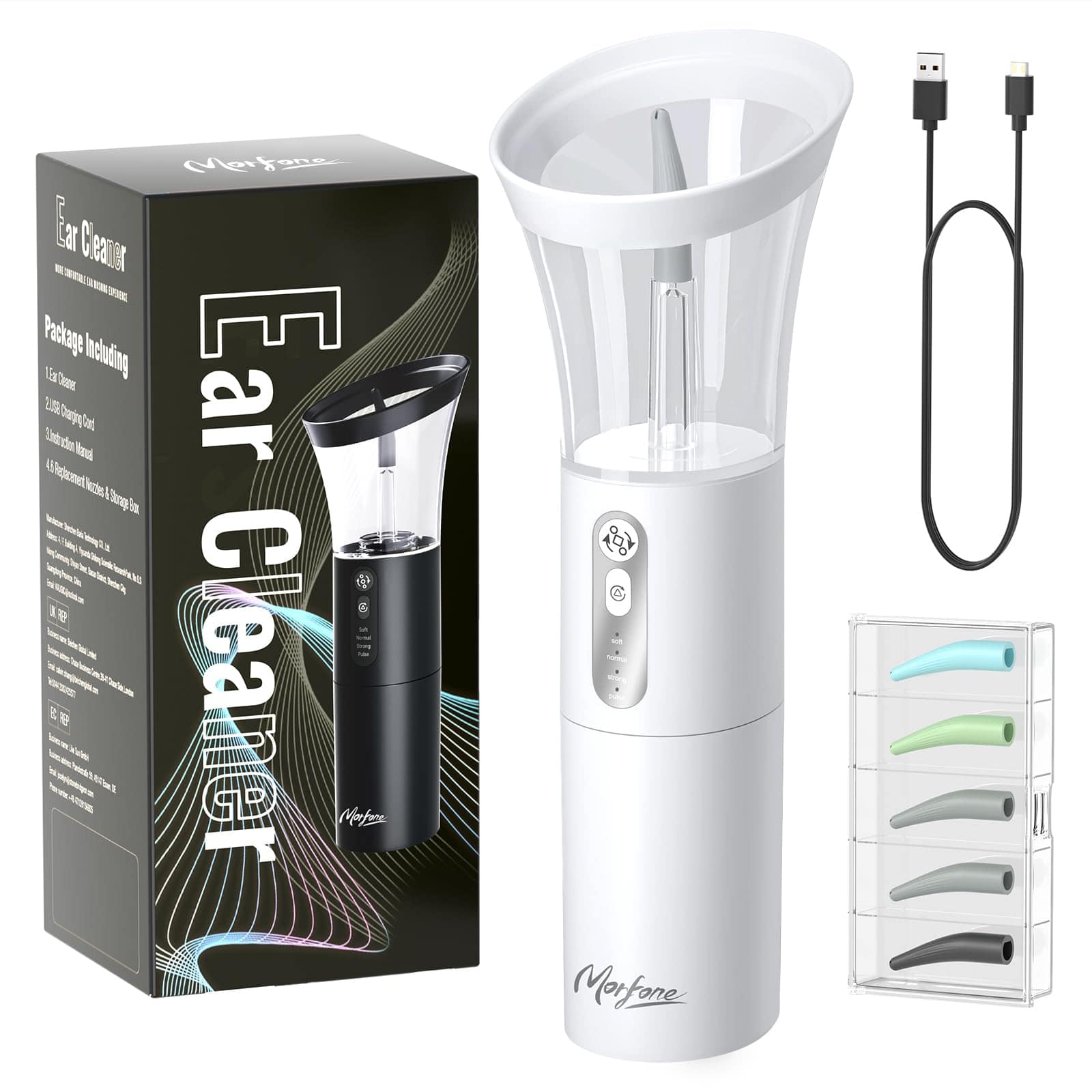 Morfone - Electric Ear Cleaning Tool 4 Pressure Modes 5 Silicone Replacement Tips USB Rechargeable Ear Wax Remover（ - White