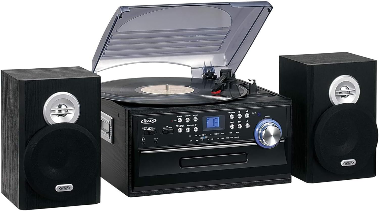 Jensen - JTA-475B 3-Speed Stereo Turntable with CD System, Cassette, and AM/FM Stereo Radio - Black