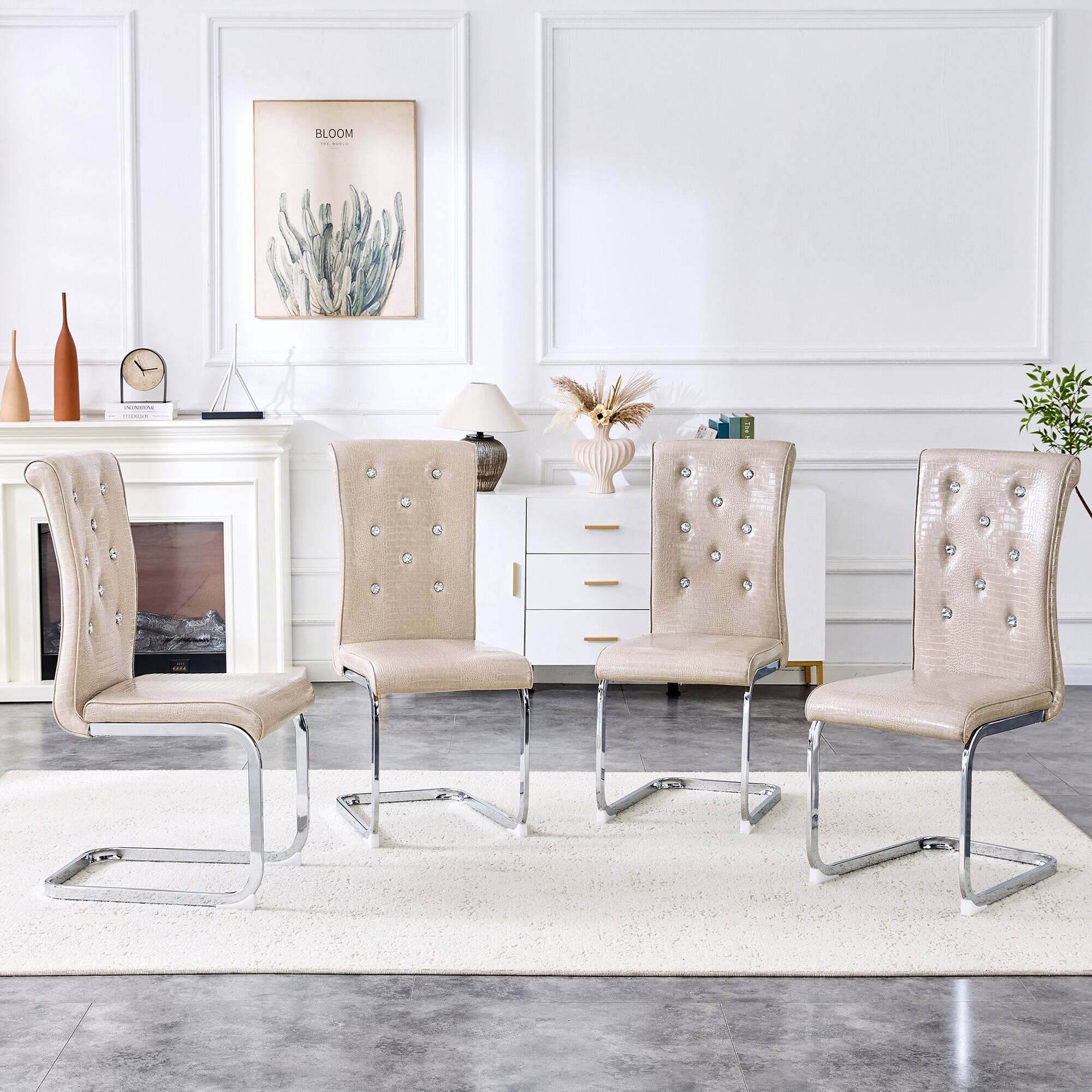 Angle. Loheer - Elegant Faux Leather Dining Chairs Set of 4 Crystal Tufted Cantilever Metal Leg 1.37x1.87x3.30 ft - Beige.
