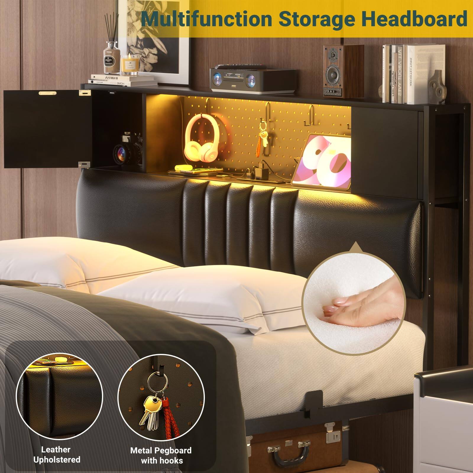 Multifunction Storage Headboard

Leather Upholstered Metal Pegboard with hooks