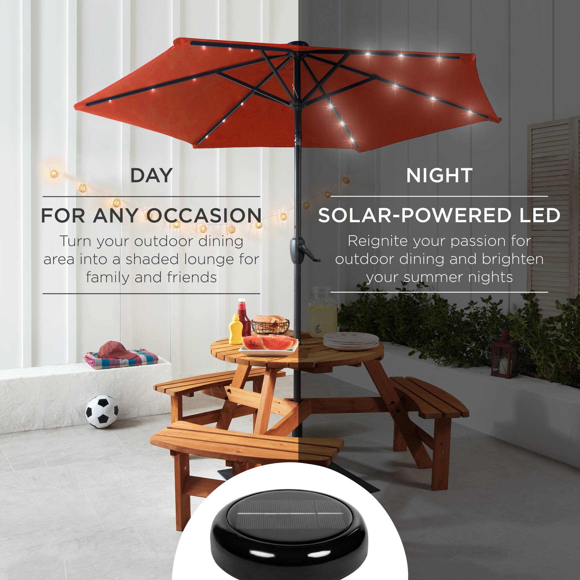 **DAY**

**FOR ANY OCCASION**

Turn your outdoor dining area into a shaded lounge for family and friends

**NIGHT**

**SOLAR-POWERED LED**

Reignite your passion for outdoor dining and brighten your summer nights