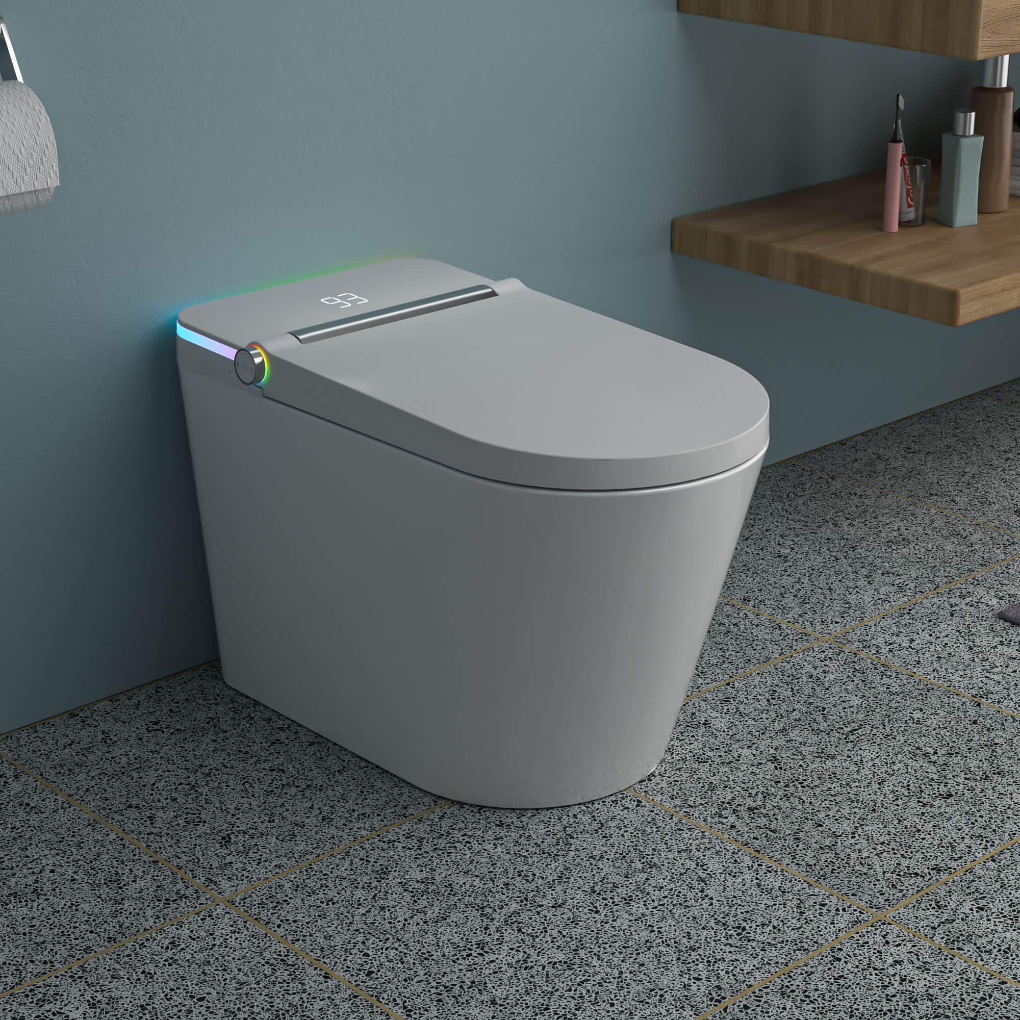 TinyHomie - Smart Toilet with Bidet Built in Auto Open & Close Elongated Heated seat Foot Sensor Flush - White