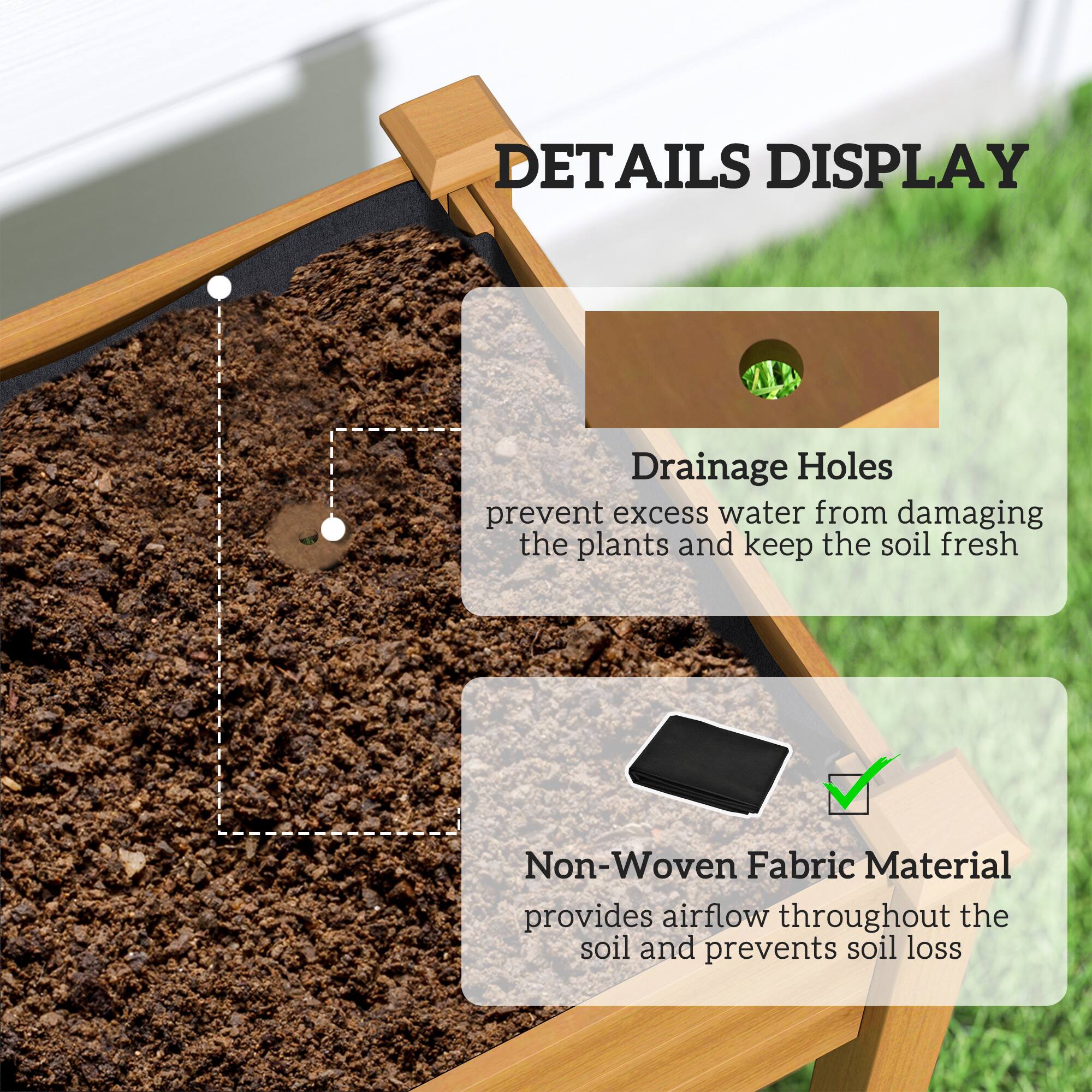 DETAILS DISPLAY

- **Drainage Holes**: Prevent excess water from damaging the plants and keep the soil fresh.
- **Non-Woven Fabric Material**: Provides airflow throughout the soil and prevents soil loss.