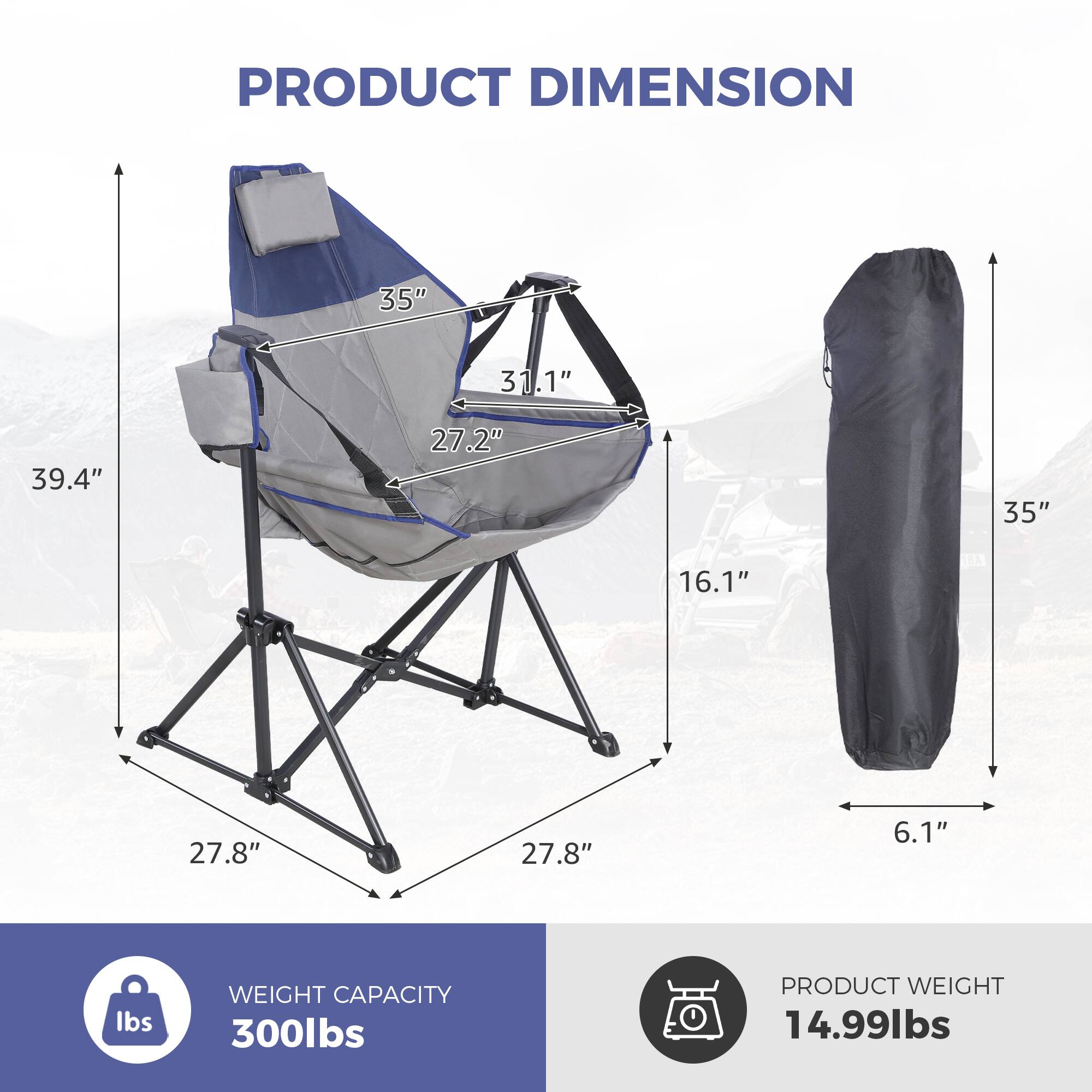 PRODUCT DIMENSION  
35" x 31.1" x 39.4" x 27.2" x 16.1" x 27.8" x 27.8" x 6.1"  

WEIGHT CAPACITY  
300lbs  

PRODUCT WEIGHT  
14.99lbs
