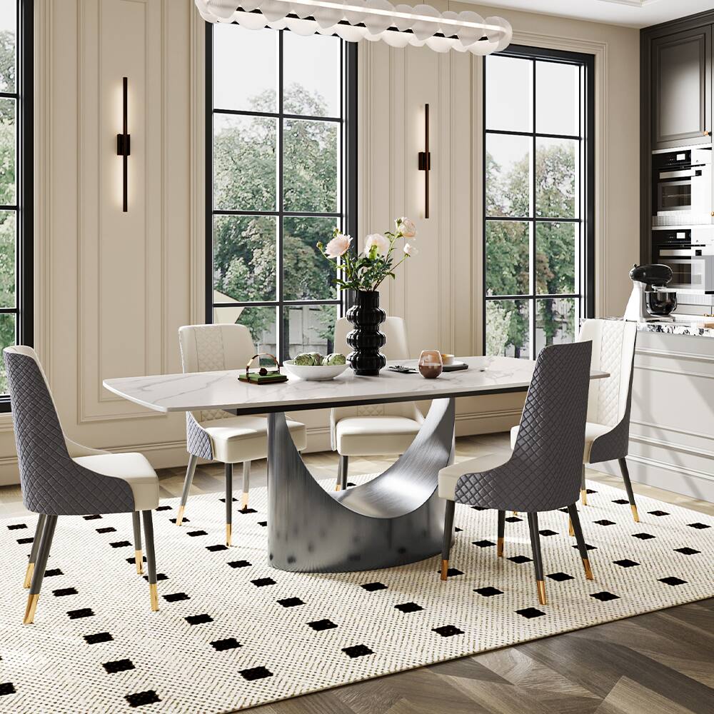 Left. POVISON - 79" Modern Minimalist Dining Table for 6-8, White Rectangular Matte Sintered Stone Tabletop, Dark Gray Carbon Steel Leg - Matte White Sintered Stone with Gray.