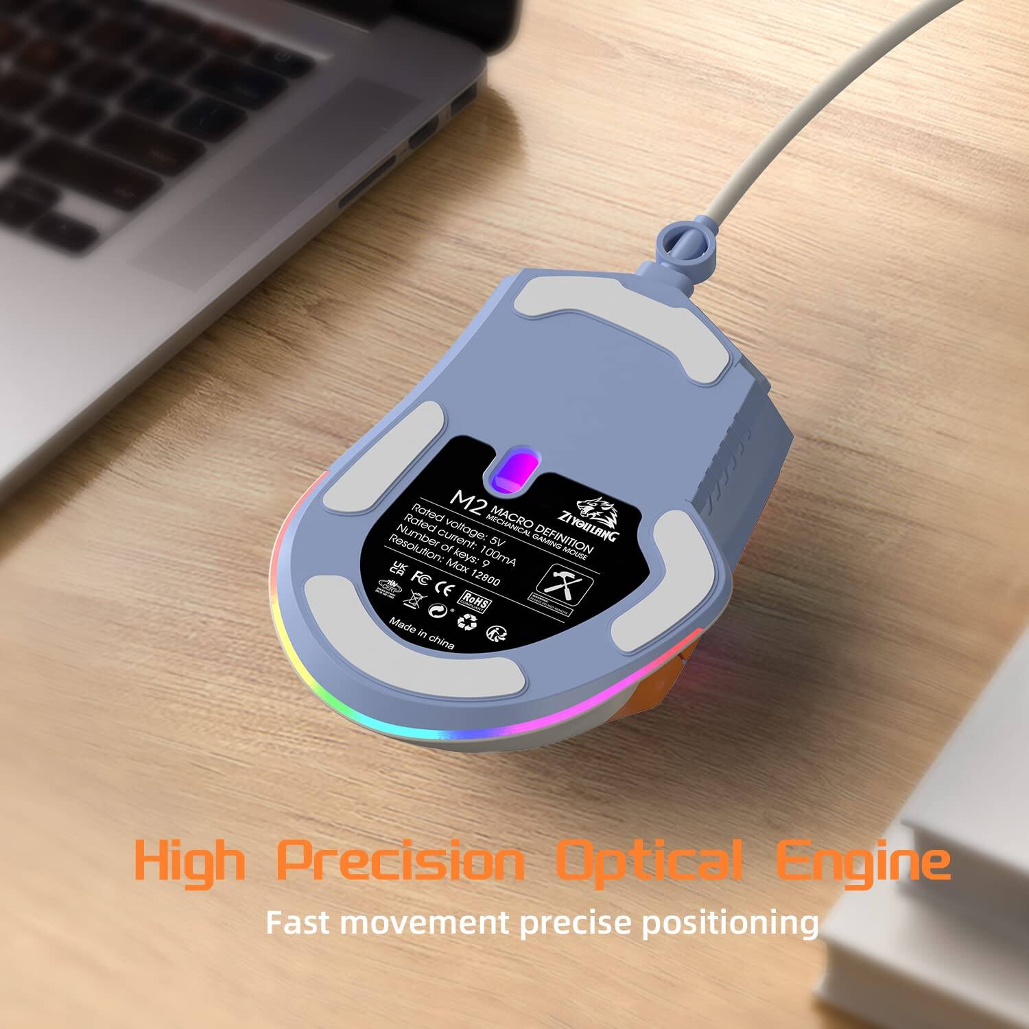 Sure, here is the corrected and grouped text from the image:

---

**M2 MACRO**

**Rated Voltage:** 5V

**Resolution:** 1000 DPI

**Number of Keys:** 6

**Rated Current:** 100mA

**Made in China**

**High Precision Optical Engine**

**Fast movement precise positioning**

---

**GAMING DEFINITION**

**ROVS**

**Protected Voltage: 5V**

**Resolution: 1000 DPI**

**Rated Current: 100mA**

**Made in China**

**High Precision Optical Engine**

**Fast movement precise positioning**

---