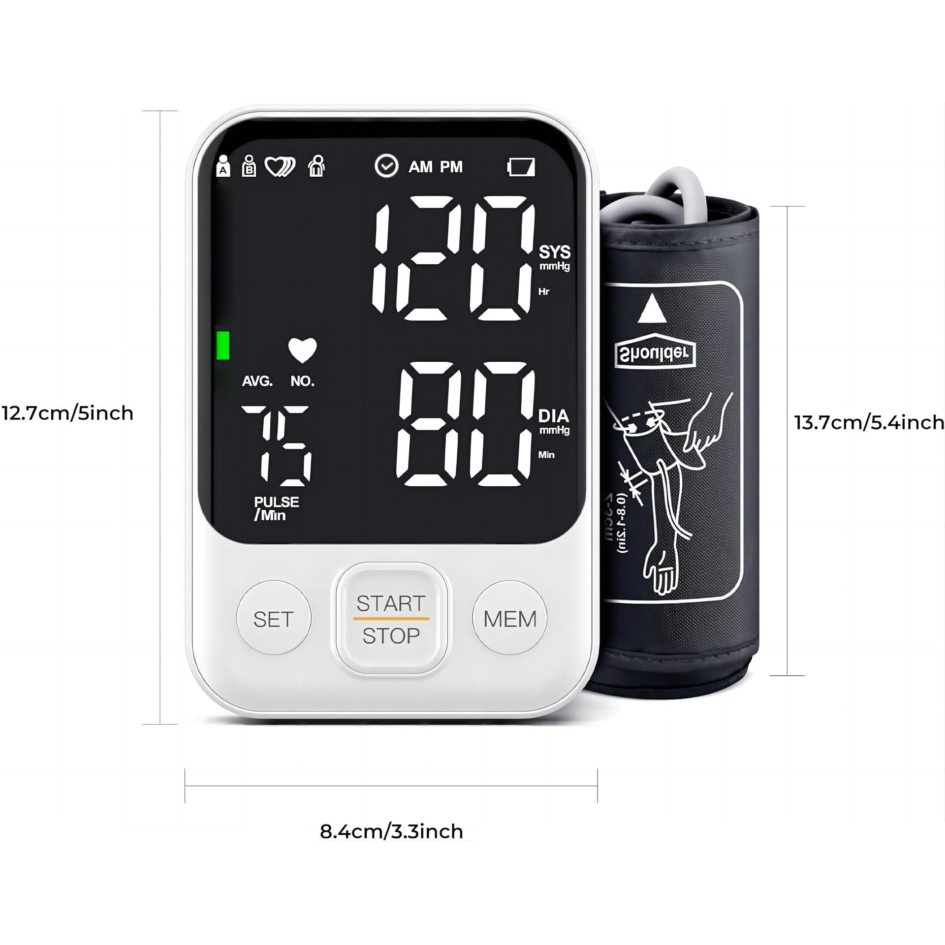 A D AM PM SYS mmHg Hr AVG. NO. Shoulder 12.7cm/5inch DIA mmHg 13.7cm/5.4inch PULSE /Min Min moc-> (0.8-1.2in) SET START STOP MEM 8.4cm/3.3inch