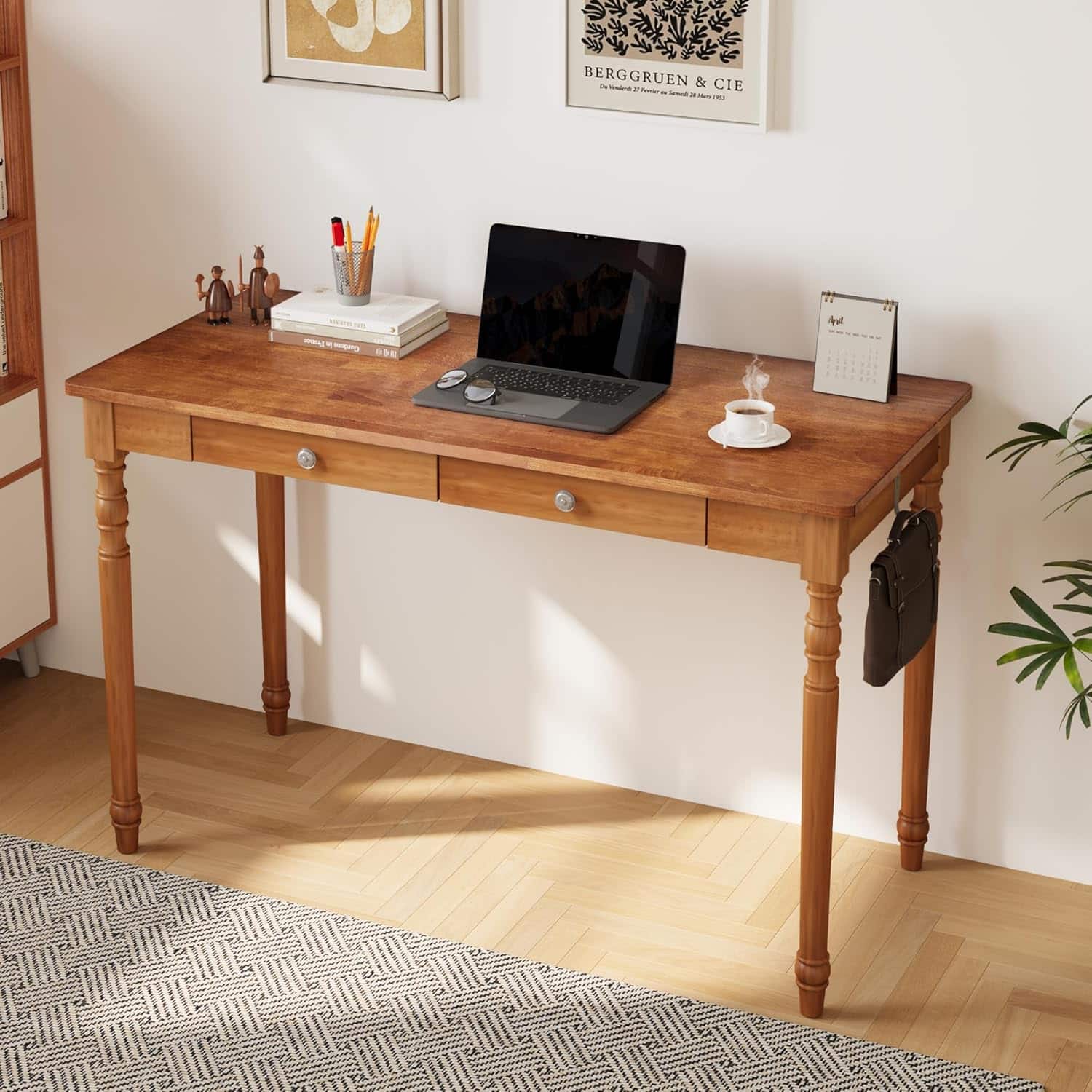 Zell Electronics - 48 Inch Mid-Century Walnut Desk with Drawers & Hooks, Stylish Writing Table for Home Office - Walnut Mid Century Desk