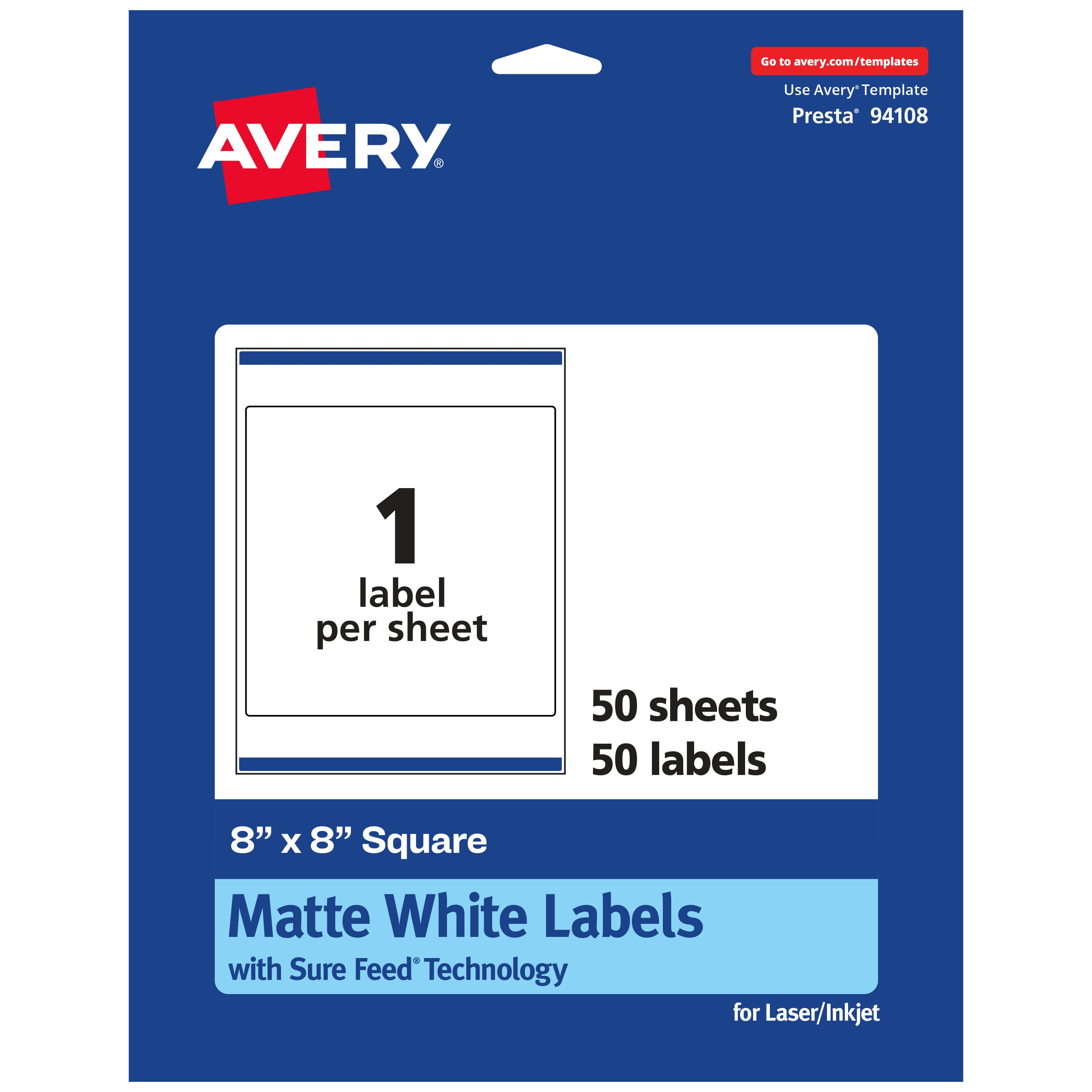 Avery - Matte Square Labels, 8" x 8", 50 Labels - White