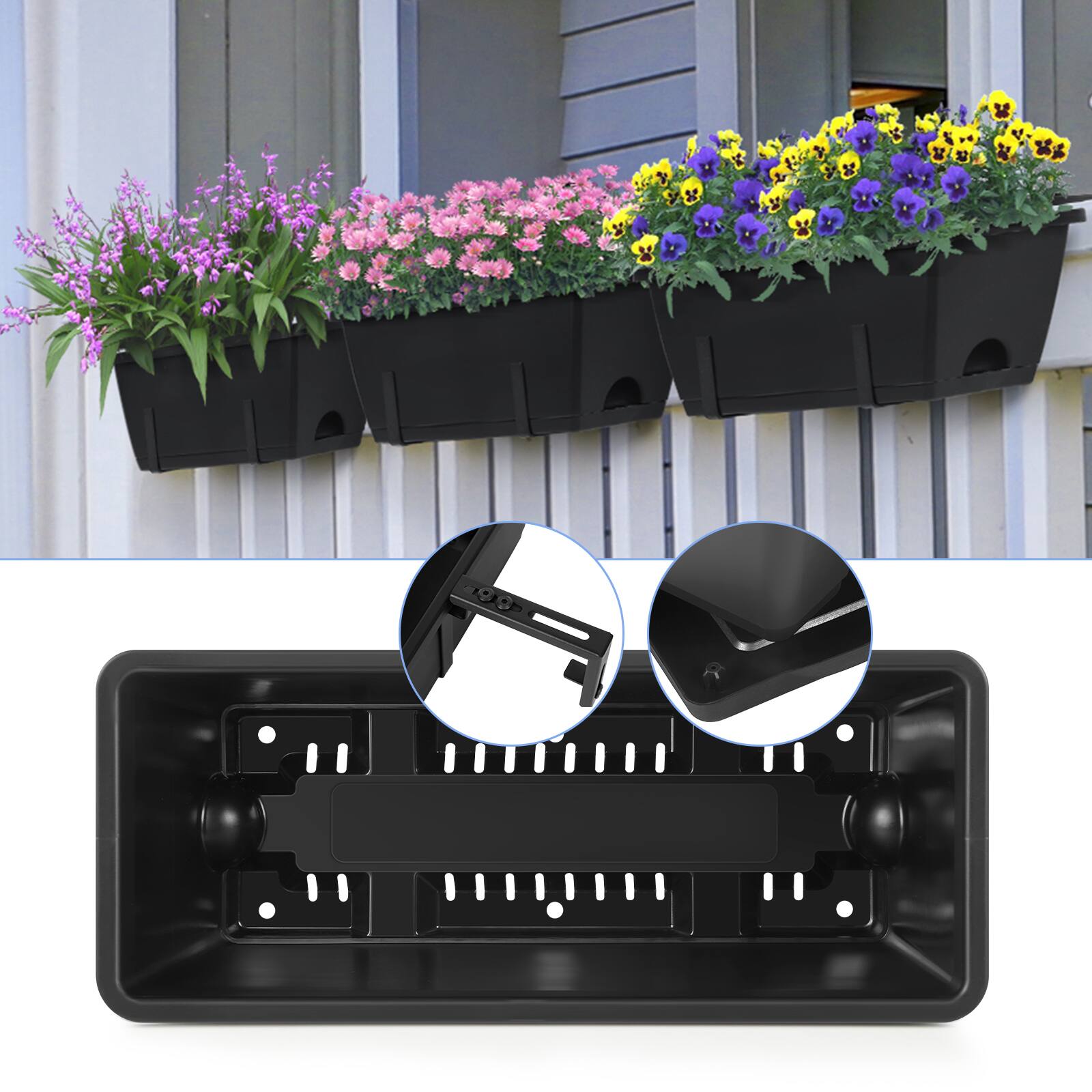 Left. Oumilen - 4-Pack Black Window Box Planters with Adjustable Black Railing Mount Brackets.
