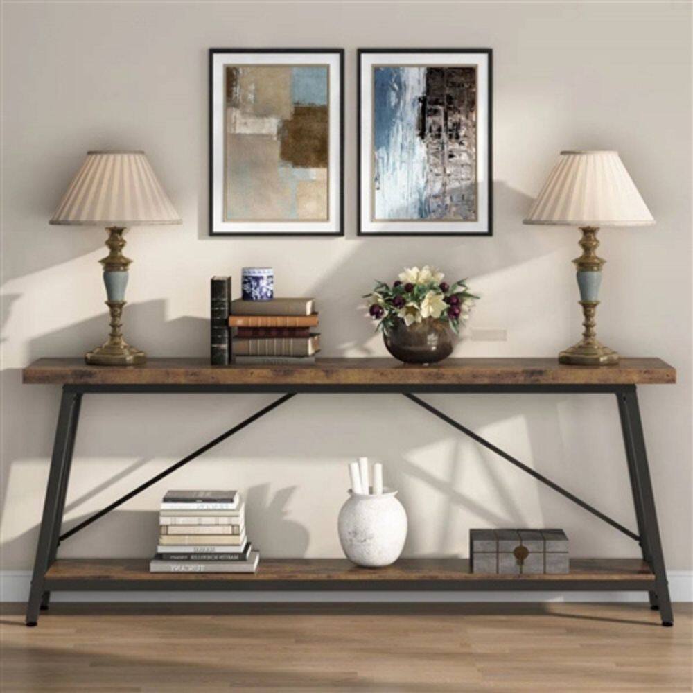 Alt View 1. Hivvago - Sturdy 70-inch Industrial Brown Wood Top Console Table with Metal Frame - Black, Brown.