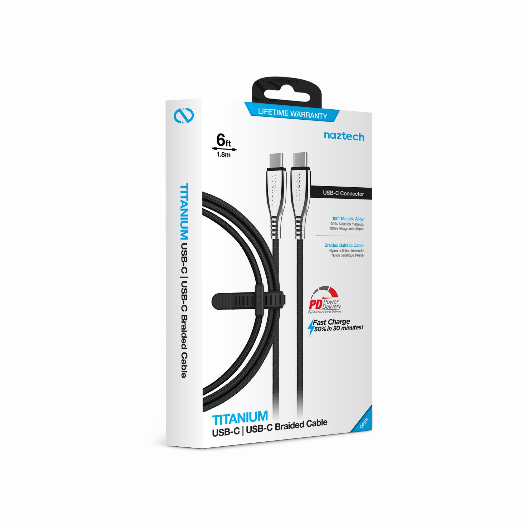 noztech - LIFETIME WARRANTY TITANIUM USB-C USB-C Braided Cable 6 1.8m naztech USB-C Connector 100 Motallc Alloy 1m - mataica 1mg Adage mitaqe Braiced Ralate Calie Pot - orade m - - PD Power Dolivery - l I Fast Charge 50% in 30 minutes! TITANIUM Cable USB-C Braided USB-C I OPEN