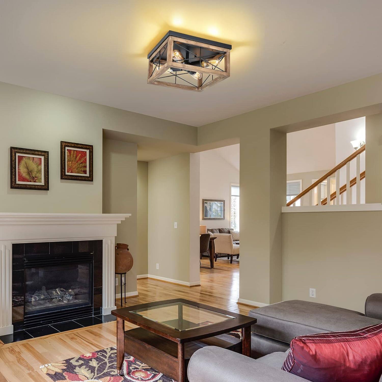 Alt View 4. MERAVOM - Wooden Flush Mount Ceiling Lights, 4-Light Farmhouse Close to Ceiling Lighting Fixtures Ceiling Lamp for Living Room.