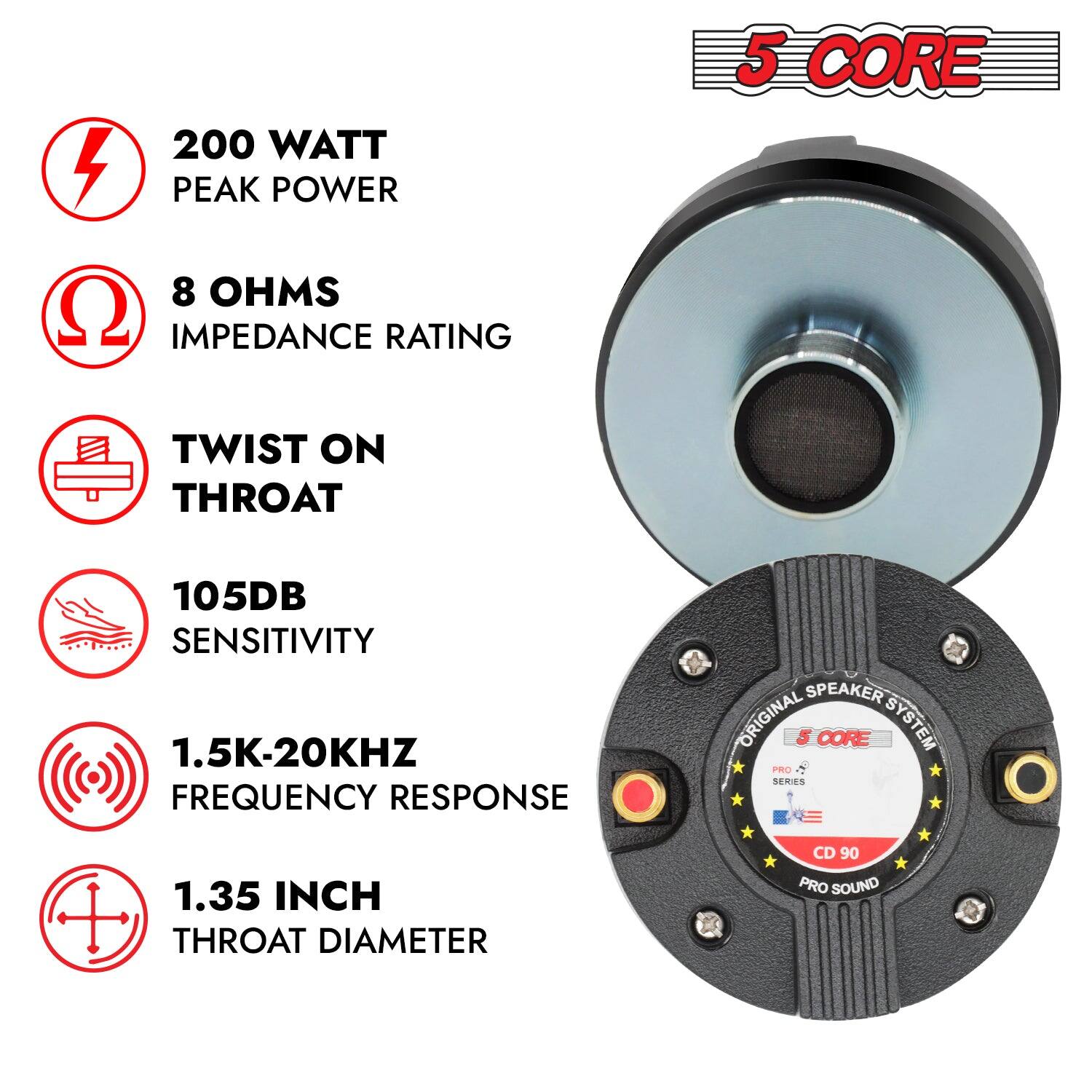 200 Watt Peak Power, 5 Core, 8 Ohms Impedance Rating, Twist On Throat, 105dB Sensitivity, 1.5K-20kHz Frequency Response, Speaker, Original Core System, 1.35 Inch Throat Diameter, CD 90 Pro Sound.