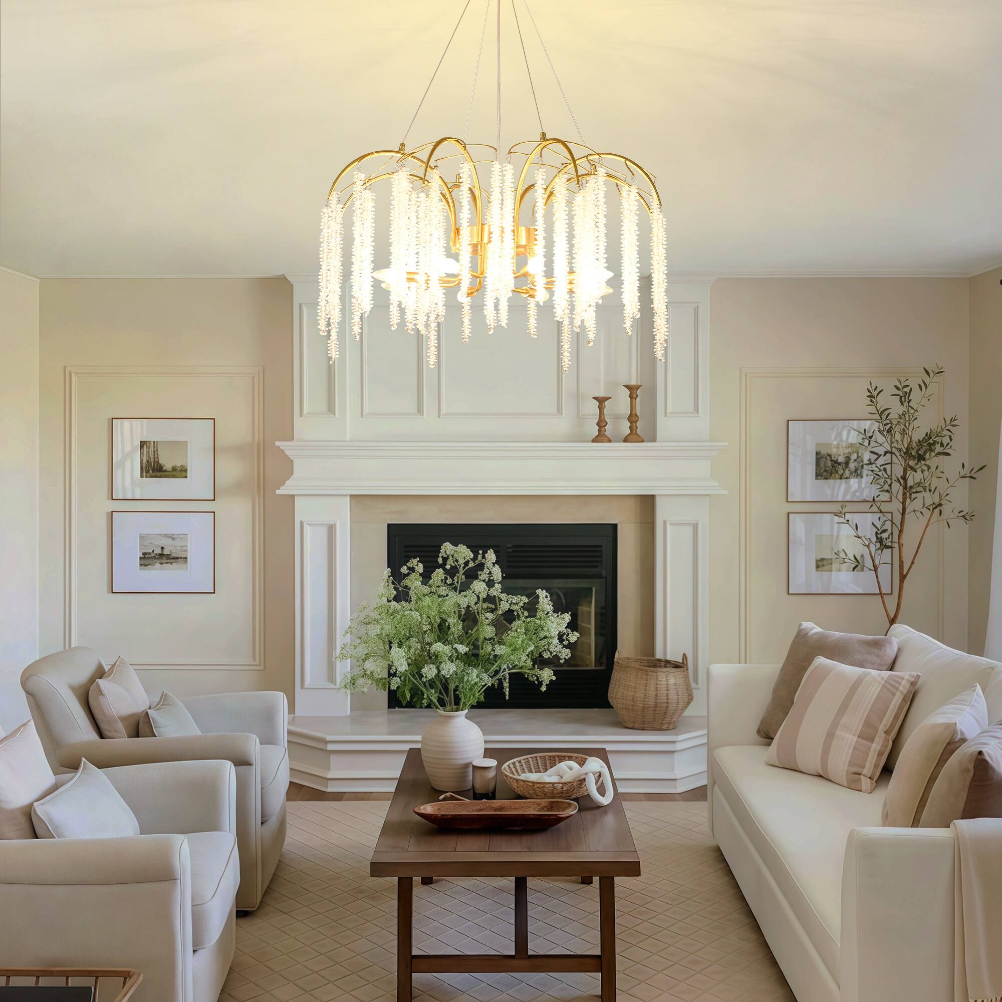 Angle. RYHNUYNE - 31.5in Tassel Crystal Tree Branch Chandelier Gold Modern Pendant Light with 8 Lights Adjustable Height for High Ceiling.