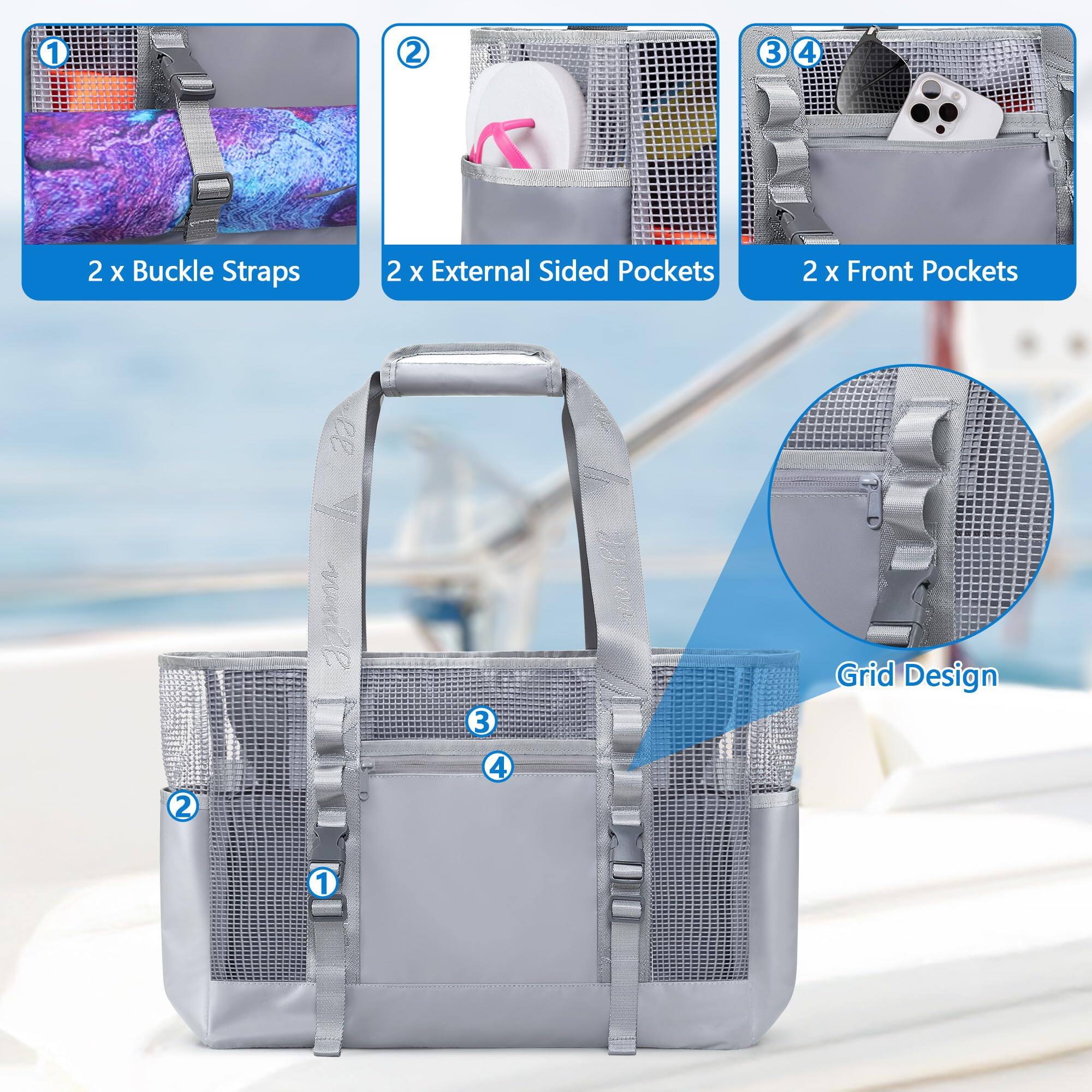 1. 2 x Buckle Straps  
2. 2 x External Sided Pockets  
3. 2 x Front Pockets  
4. Grid Design