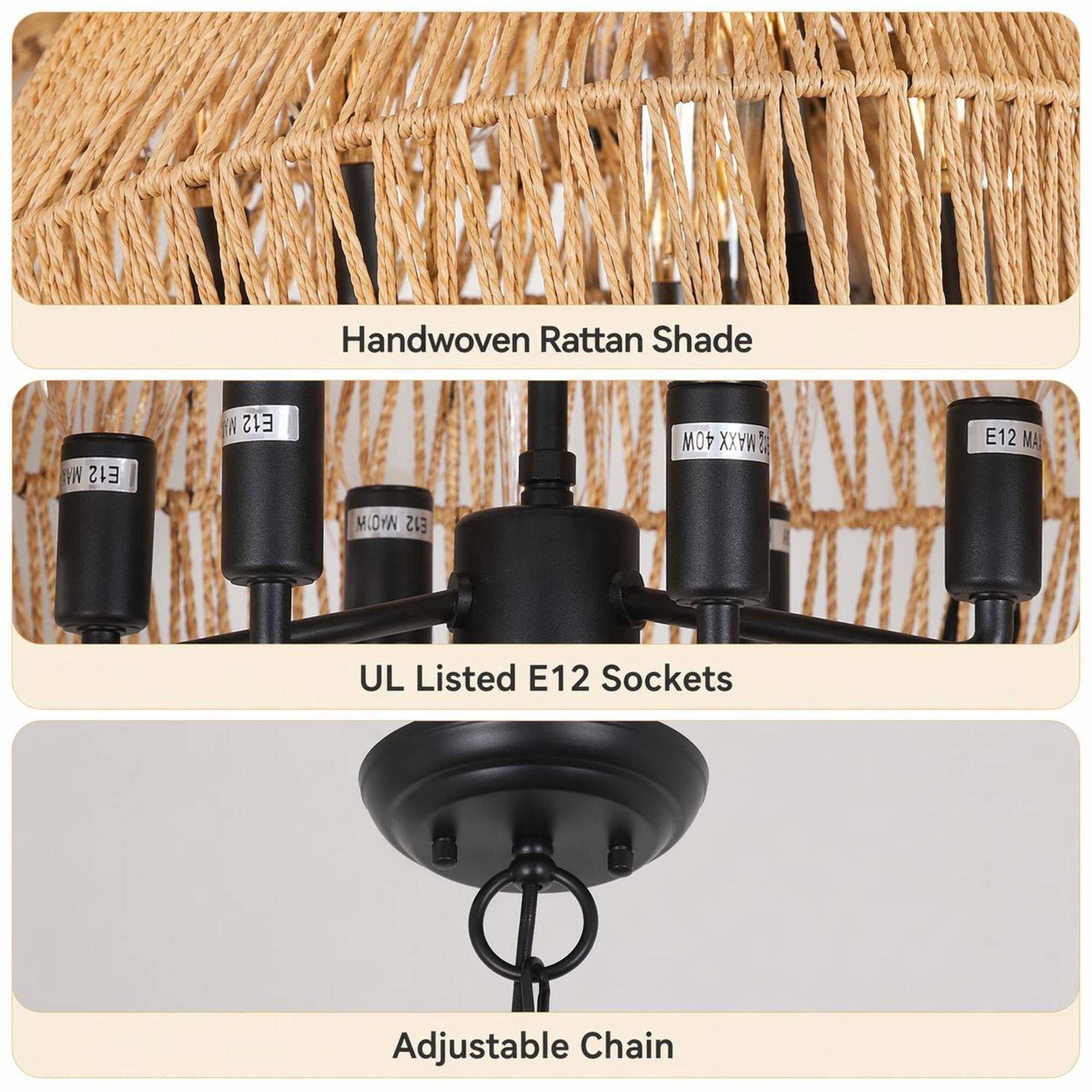 Handwoven Rattan Shade

MA E12  
N E12  
40W MAX  
E12 MA  
MIOYN E12  
UL Listed E12 Sockets  
Adjustable Chain