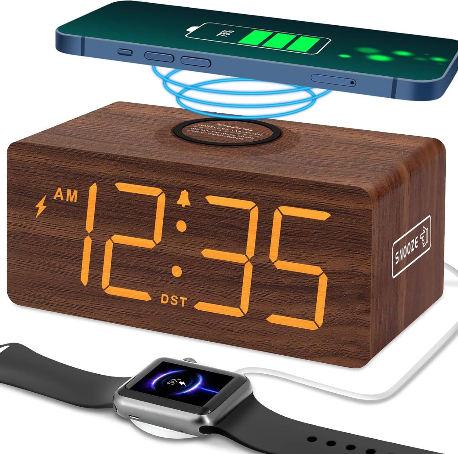 Stamp n Camp - DreamSky Wooden Digital Alarm Clock with Wireless Charging for Bedroom, Bedside Nightstand Charger Station, USB Port - Brown