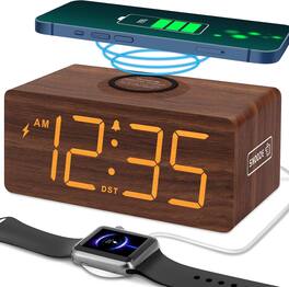 Stamp n Camp - DreamSky Wooden Digital Alarm Clock with Wireless Charging for Bedroom, Bedside Nightstand Charger Station, USB Port - Brown