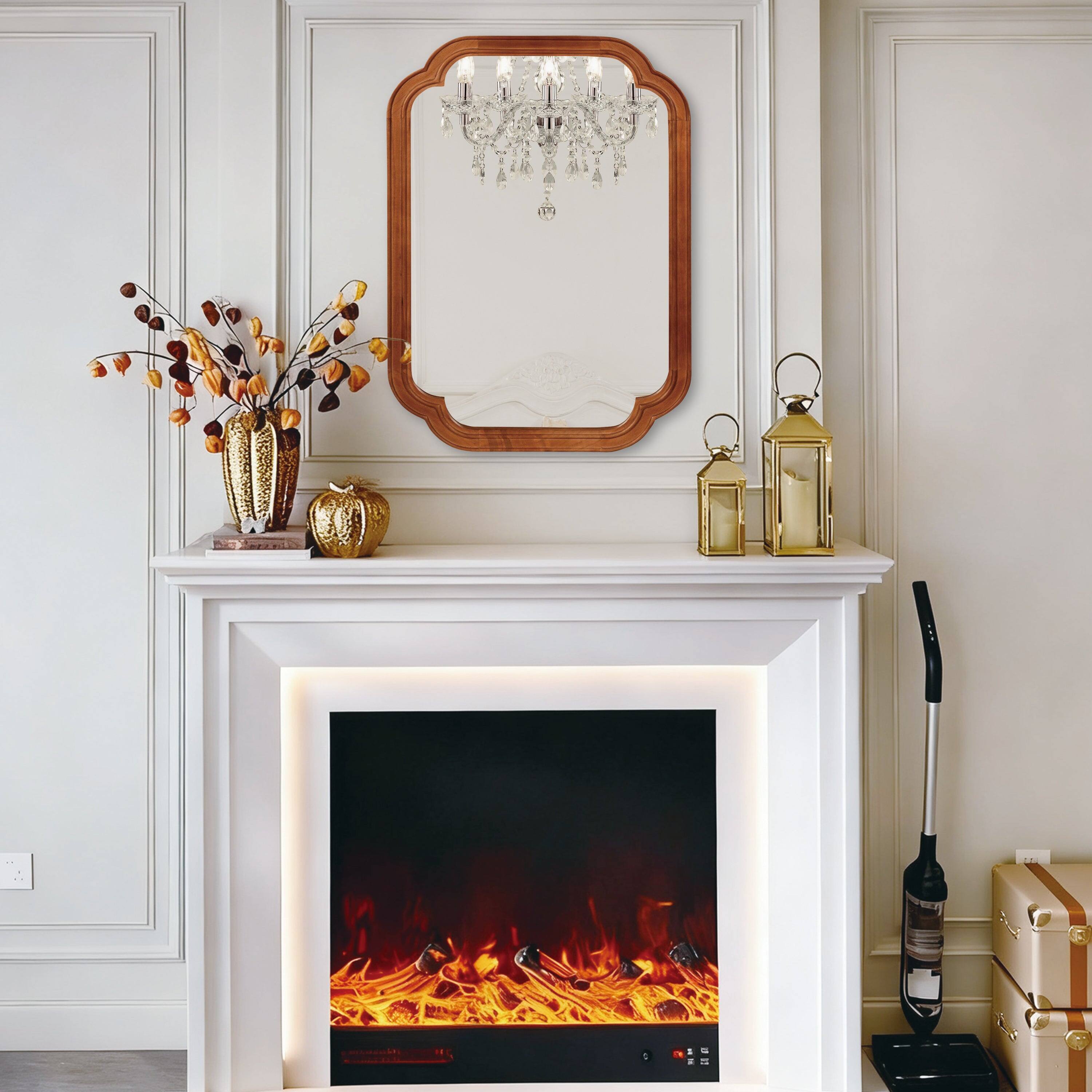 Front. BreeBe - 24x36 Yellowish Brown Solid Wood Rounded Corner Decorative Mirror for Bedroom Bathroom Living Room Entryway - Yellow Brown.