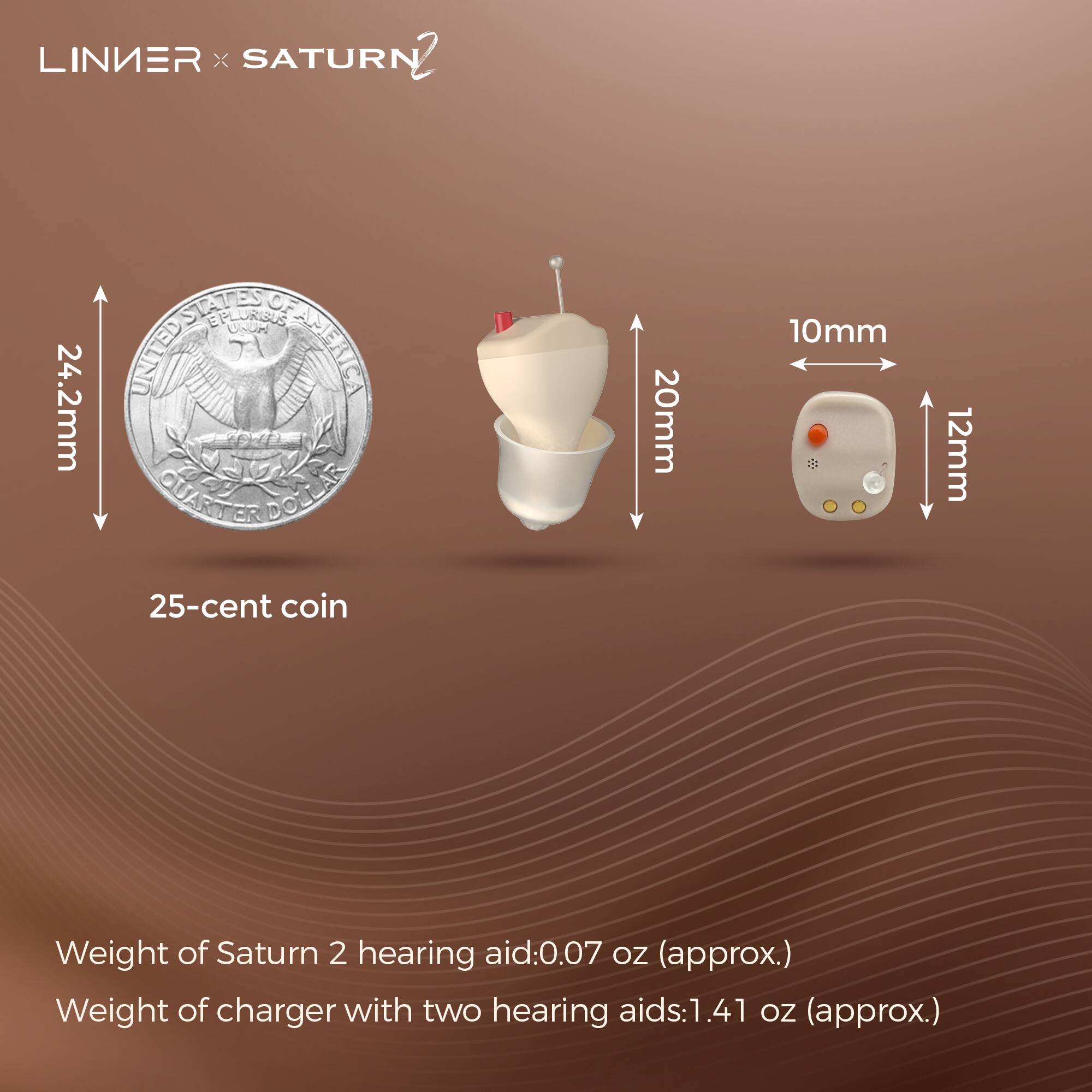 LINIER x SATURN 2

24.2mm  
20mm  
10mm  
12mm  

25-cent coin  

Weight of Saturn 2 hearing aid: 0.07 oz (approx.)  
Weight of charger with two hearing aids: 1.41 oz (approx.)