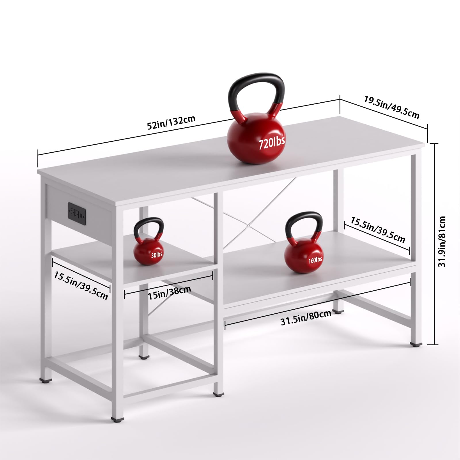 52in/132cm  
720lbs  
19.5in/49.5cm  
15.5in/39.5cm  
30lbs  
15in/38cm  
15.5in/39.5cm  
160lbs  
31.5in/80cm  
31.9in/81cm