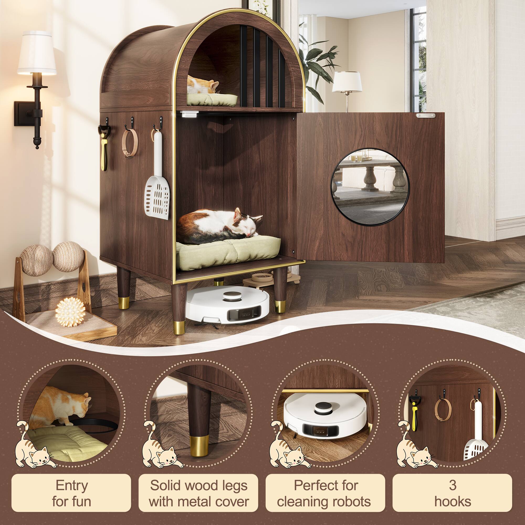 - Entry for fun
- Solid wood legs with metal cover
- Perfect for cleaning robots
- 3 hooks