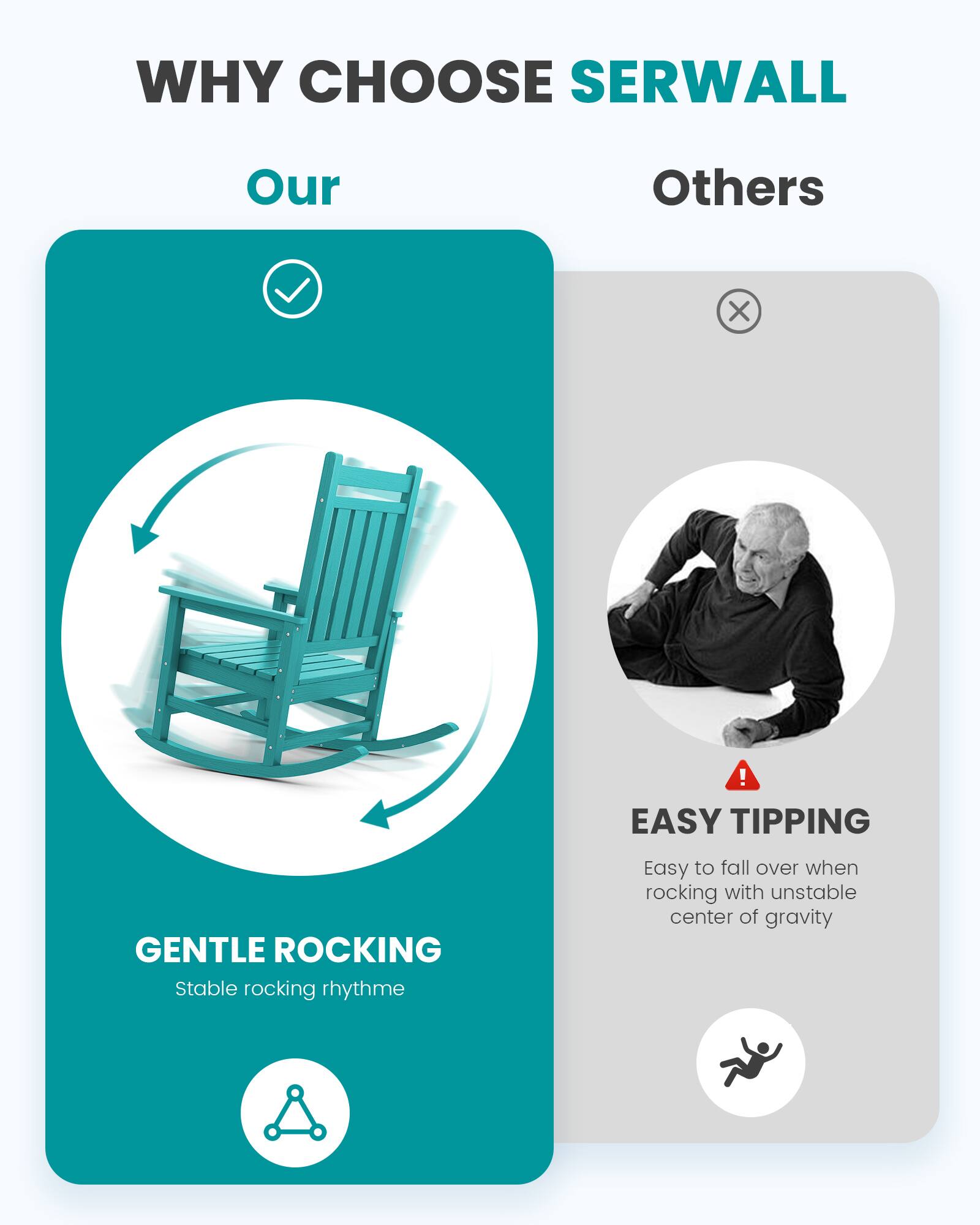 WHY CHOOSE SERWALL

Our
- GENTLE ROCKING
  - Stable rocking rhythm

Others
- EASY TIPPING
  - Easy to fall over when rocking with unstable center of gravity