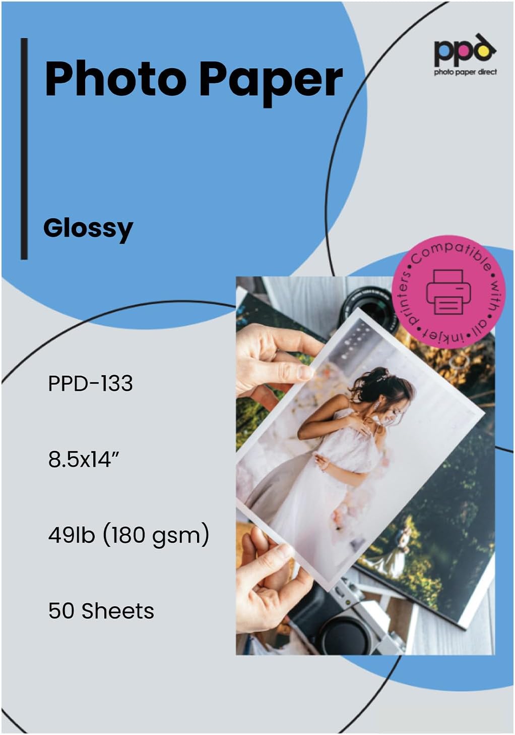 Photo Paper Direct - Glossy Photo Paper 8.5x14 for Inkjet Printers (50 sheets/180 gsm) - White