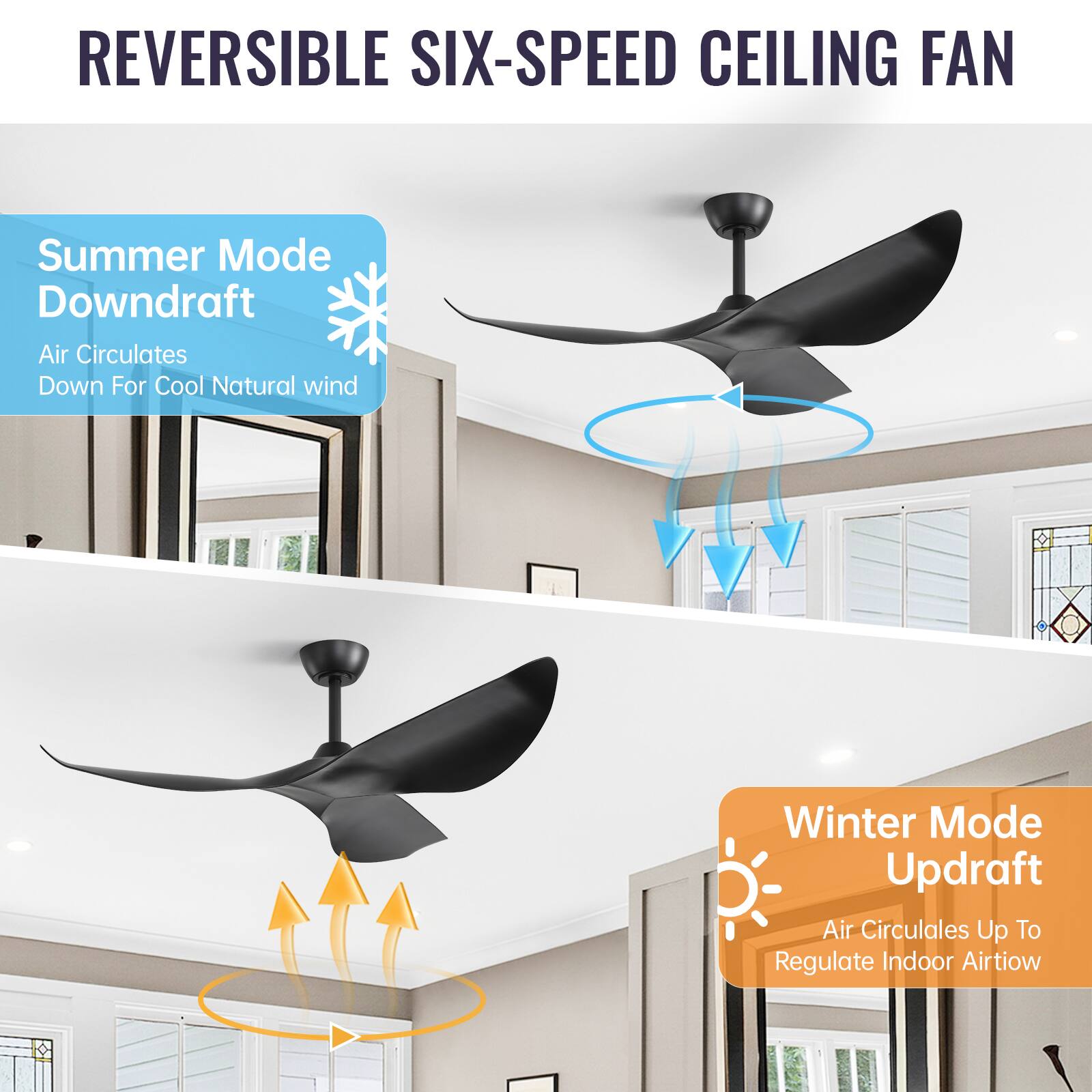 REVERSIBLE SIX-SPEED CEILING FAN

Summer Mode Downdraft  
Air Circulates Down For Cool Natural Wind

Winter Mode Updraft  
Air Circulates Up To Regulate Indoor Airflow