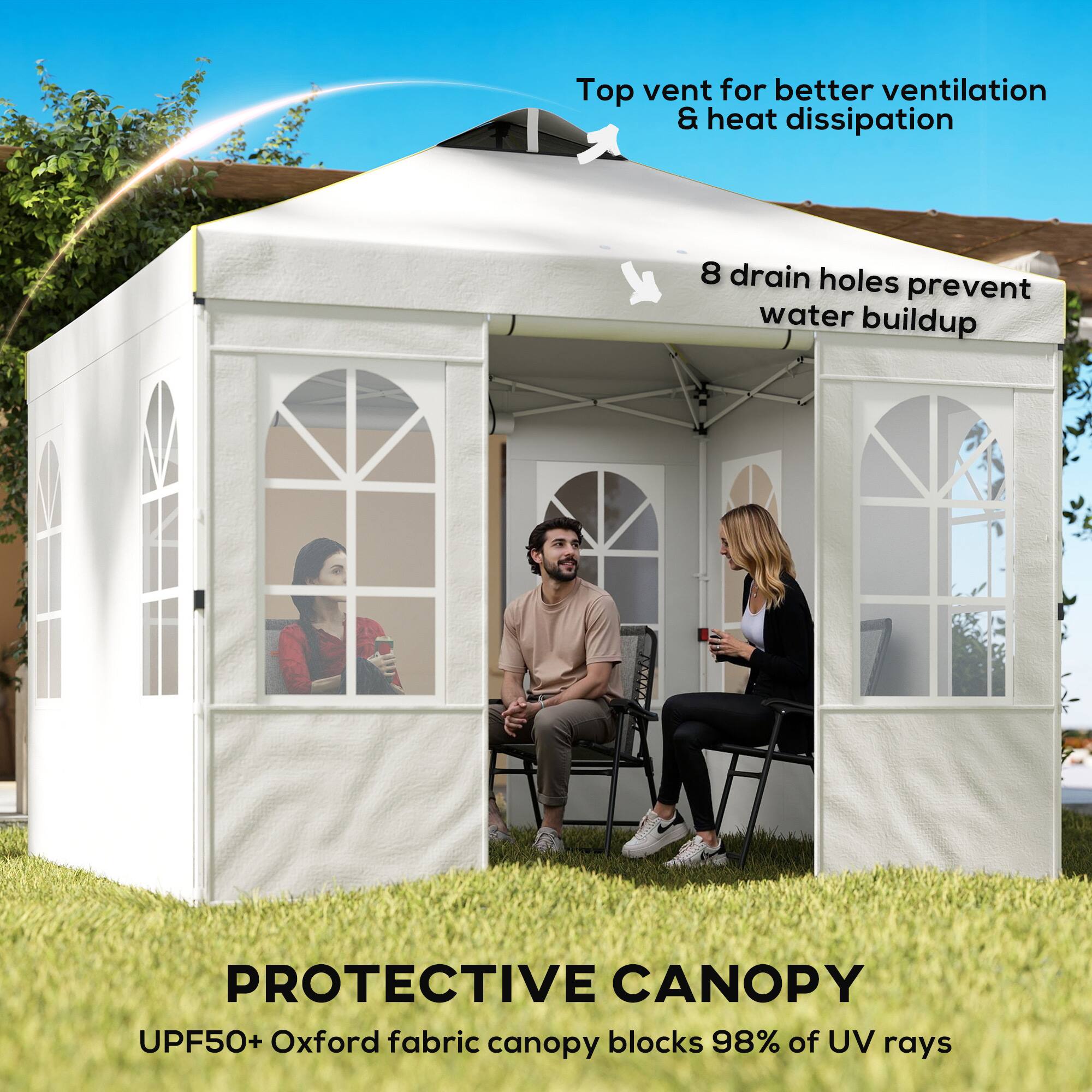 Top vent for better ventilation & heat dissipation  
8 drain holes prevent water buildup  
PROTECTIVE CANOPY  
UPF50+ Oxford fabric canopy blocks 98% of UV rays