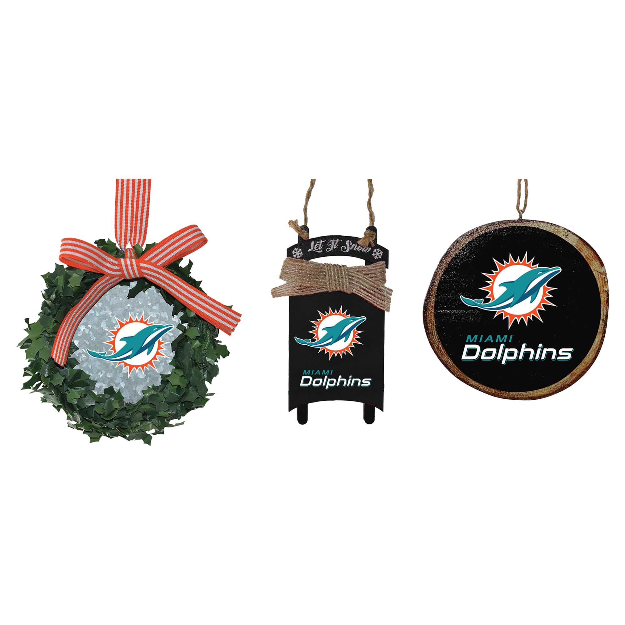 The Memory Company - Miami Dolphins Three-Pack Wreath, Sled & Circle Ornament Set - Multicolor