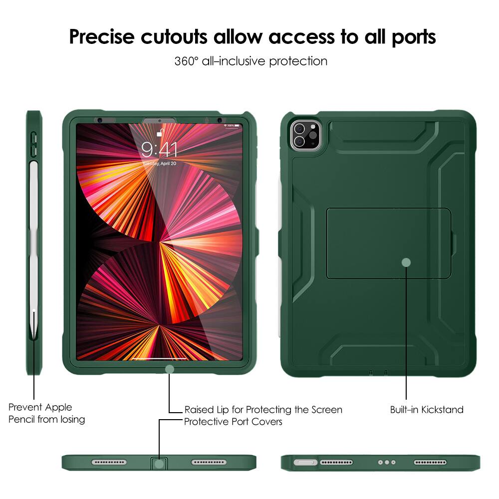 Precise cutouts allow access to all ports  
360° all-inclusive protection  

- Prevent Apple Pencil from losing  
- Raised Lip for Protecting the Screen  
- Protective Port Covers  
- Built-in Kickstand