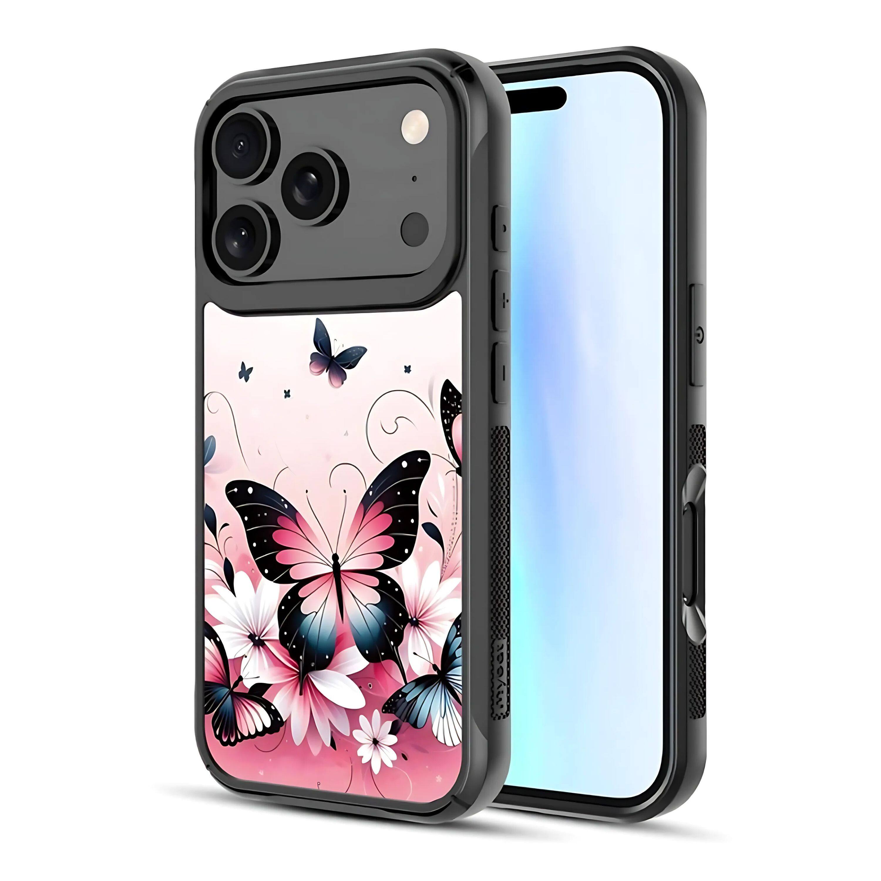 Front. Kitcheniva - Butterfly Magnetic Charging Compatible Hybrid Case For iPhone 17 Pro - Pink/Black.