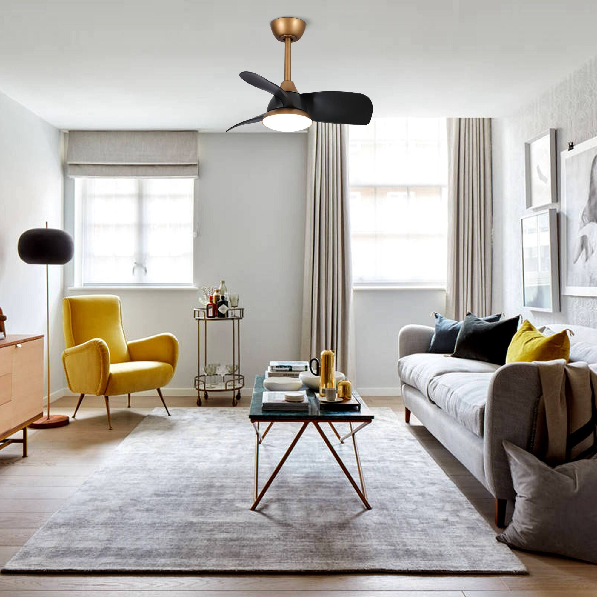 Left. Parrot Uncle - 28" Aged Brass LED Ceiling Fan with Lighting and Remote Control - Black.