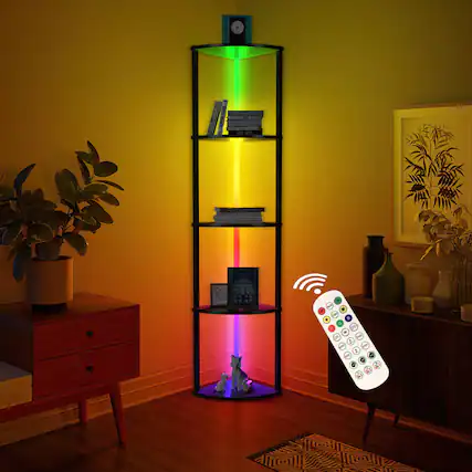 Front. Lamp Depot - 64" Tall 5-Tier Corner Shelf with RGB Light - Black.