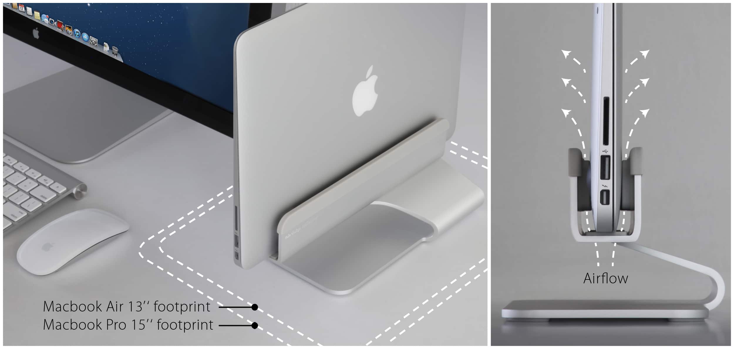 The image shows a laptop and a mouse on a desk. The laptop is placed on a stand, which is designed to elevate the laptop to a more comfortable viewing angle. The stand is made to fit the MacBook Air 13" footprint, and it also works with the MacBook Pro 15" footprint. The mouse is positioned next to the laptop, providing an ergonomic setup for the user.