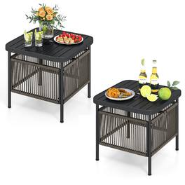 Gymax - 2 PCS Outdoor PE Rattan Side Table w/ 1.57'' Umbrella Hole Square Patio End Table - Black