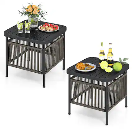 Front. Gymax - Gymax 2 PCS Outdoor PE Rattan Side Table w/ 1.57'' Umbrella Hole Square Patio End Table - Black.
