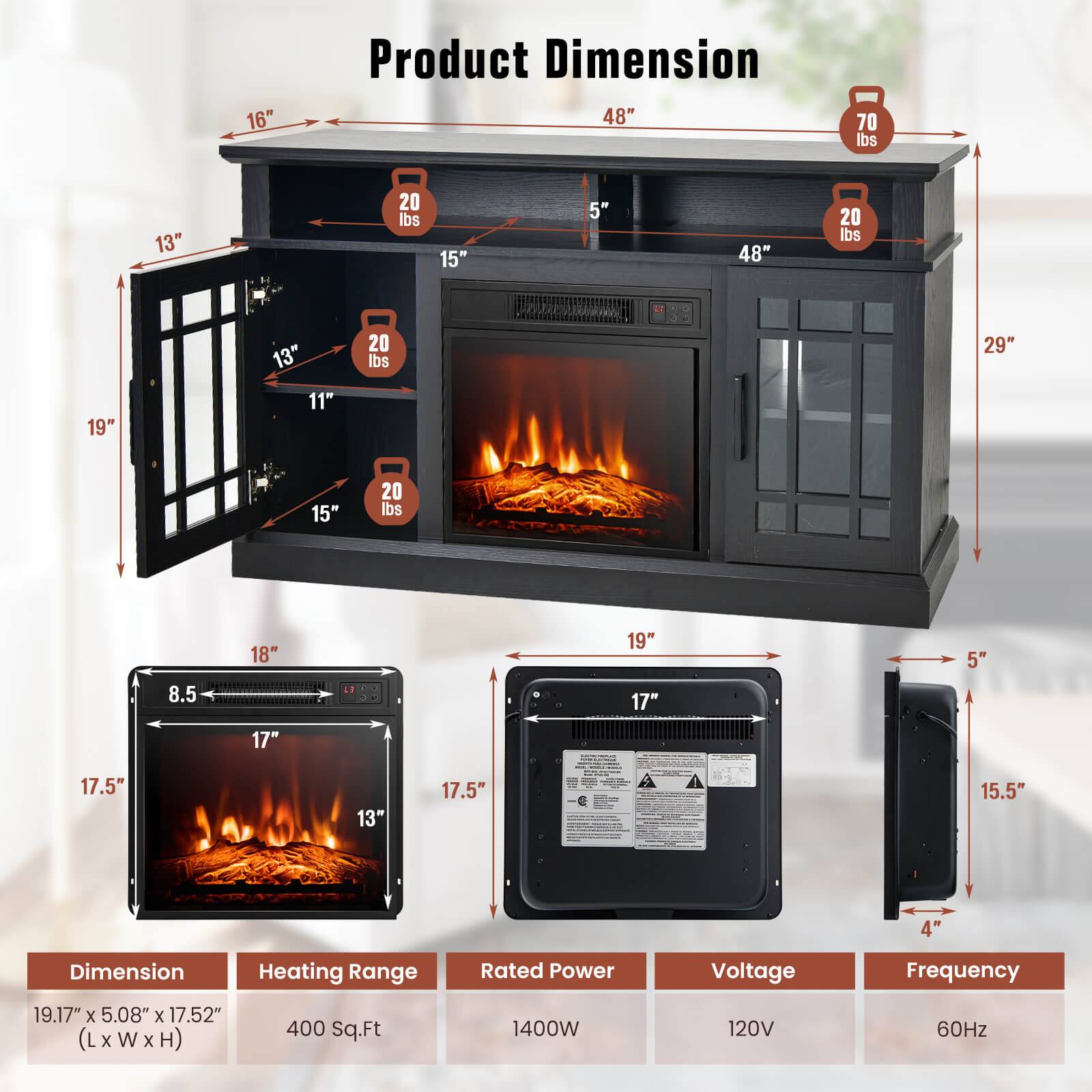Product Dimension: 19.17" x 5.08" x 17.52" (L x W x H)

Heating Range: 400 Sq.Ft

Rated Power: 1400W

Voltage: 120V

Frequency: 60Hz