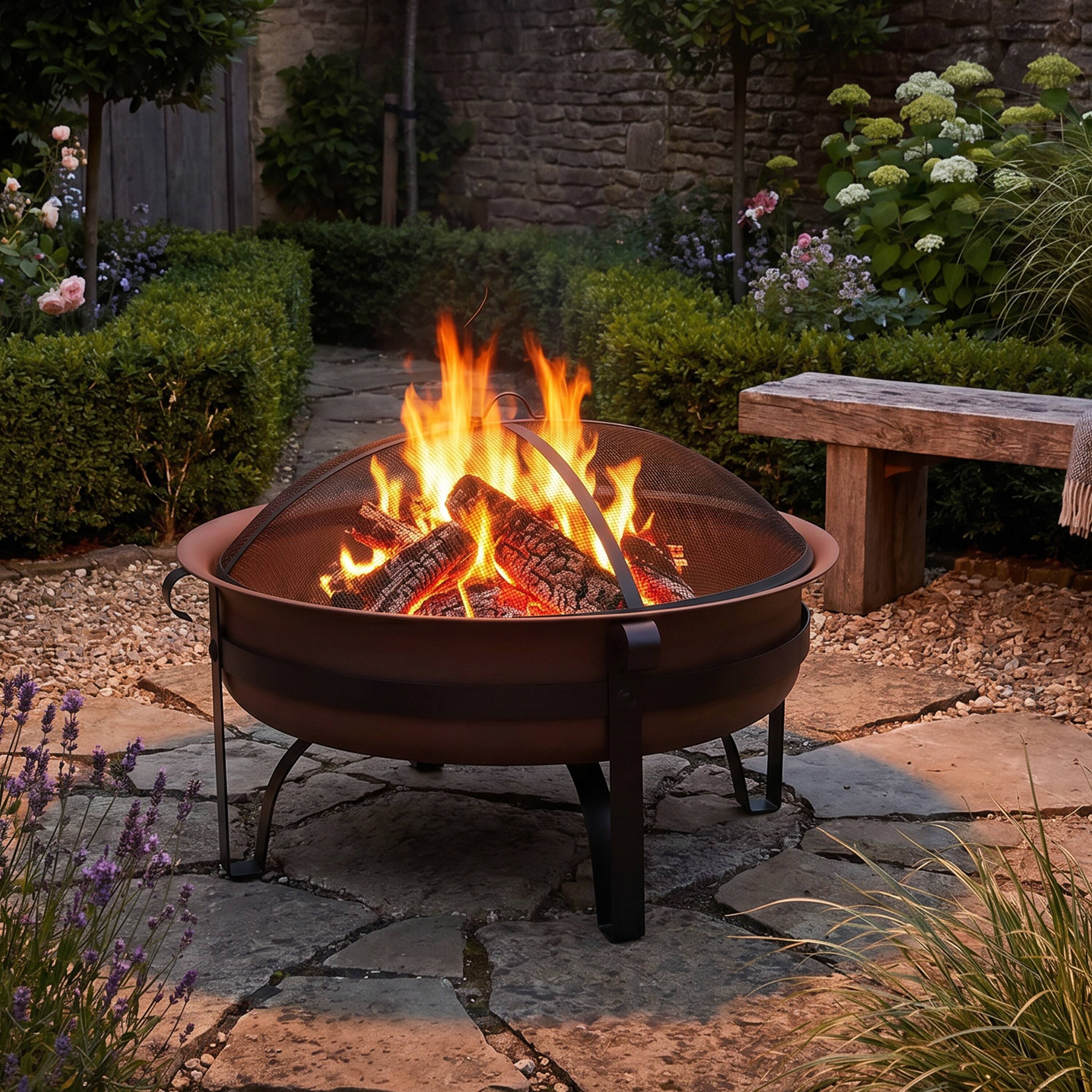 Alt View 2. Sunnydaze - 34 in Cauldron Style Steel Fire Pit with Spark Screen - Dark Bronze.