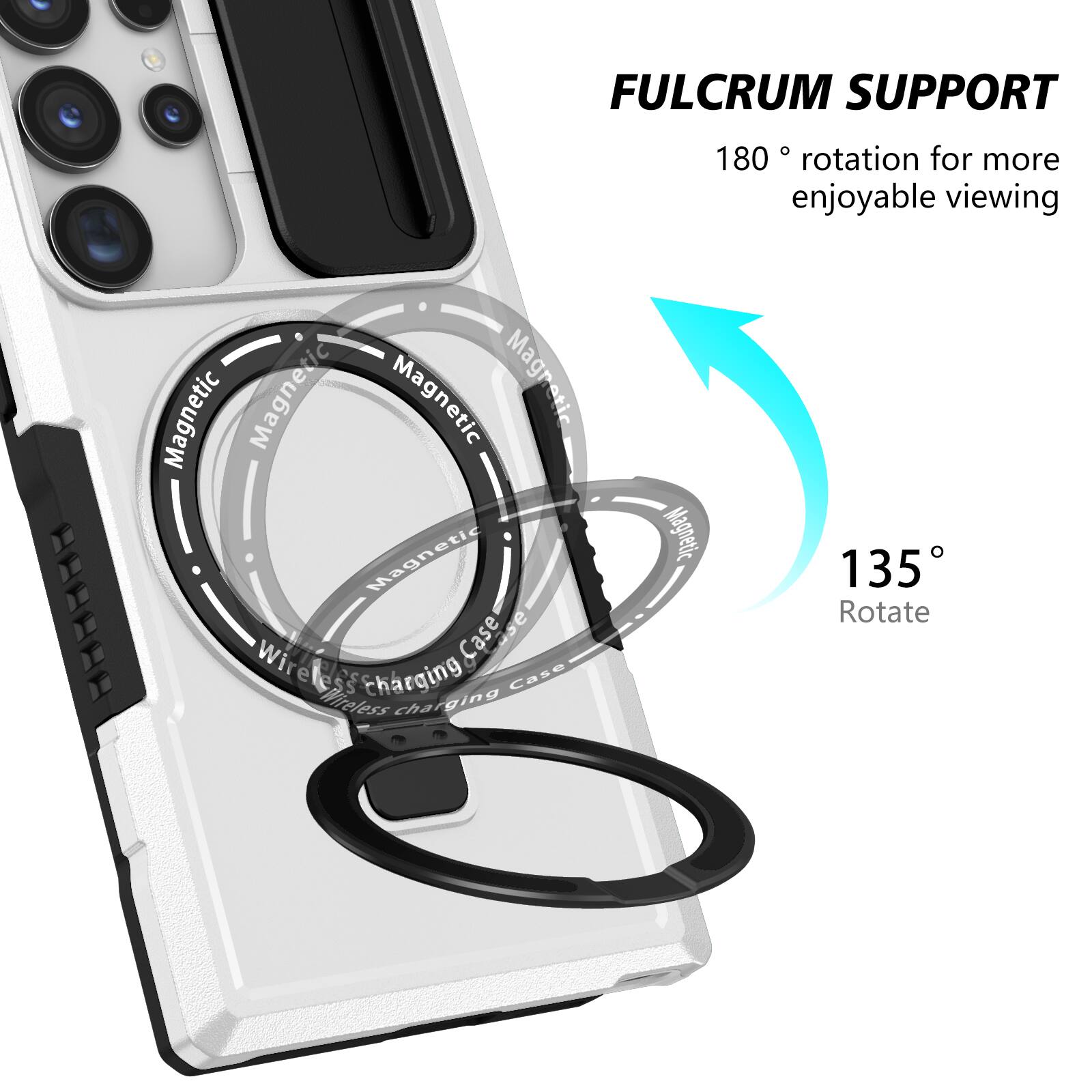 FULCRUM SUPPORT  
180° rotation for more enjoyable viewing  

Magnetic  
Wireless charging Case  

135° Rotate