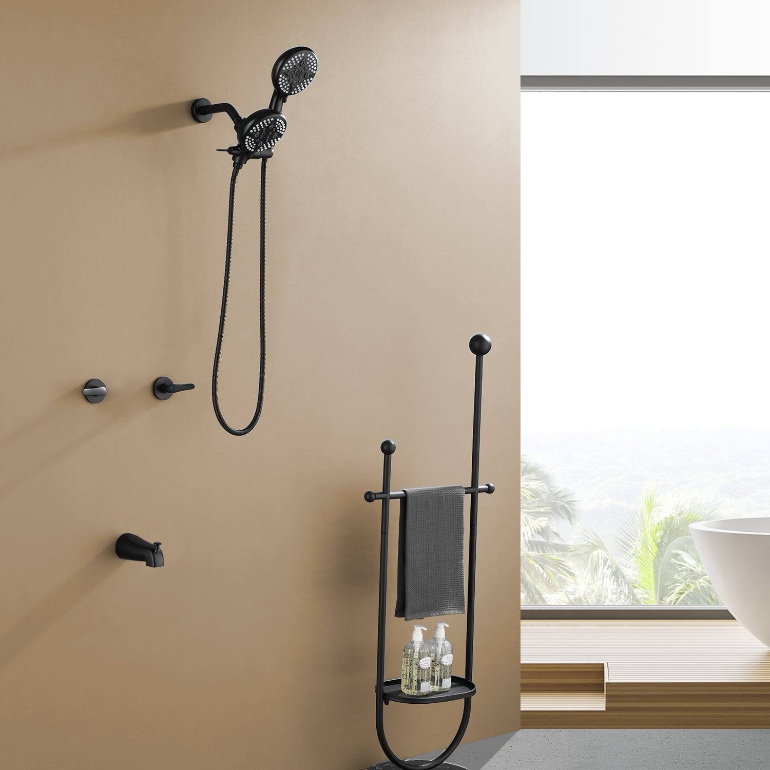 Alt View 2. Boyel Living - Matte Black Shower Set with Dual Handles 5 Function Dual ABS Shower Heads and Tub Spout - Matte Black.