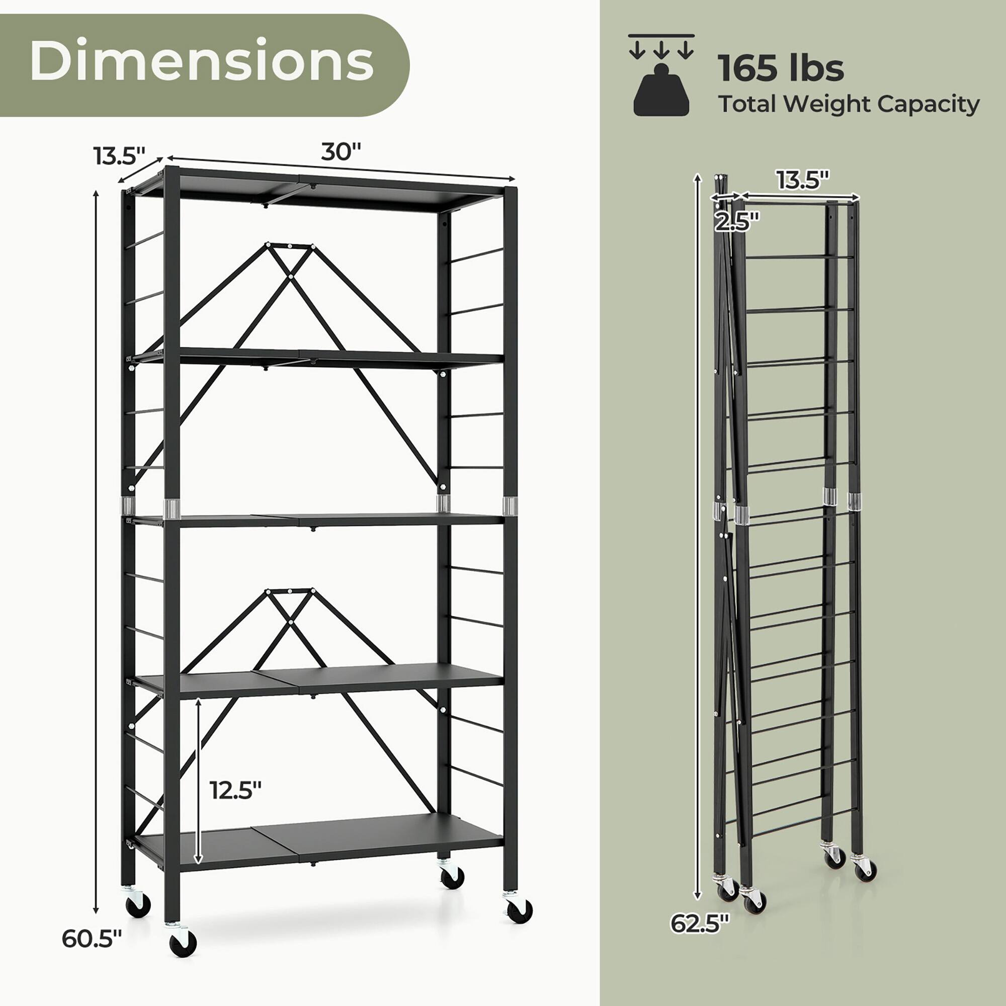 Alt View 2. Gymax - Gymax 5-Tier Foldable Storage Shelf w/ Wheels Adjustable Shelves Metal Shelving Unit - Black.